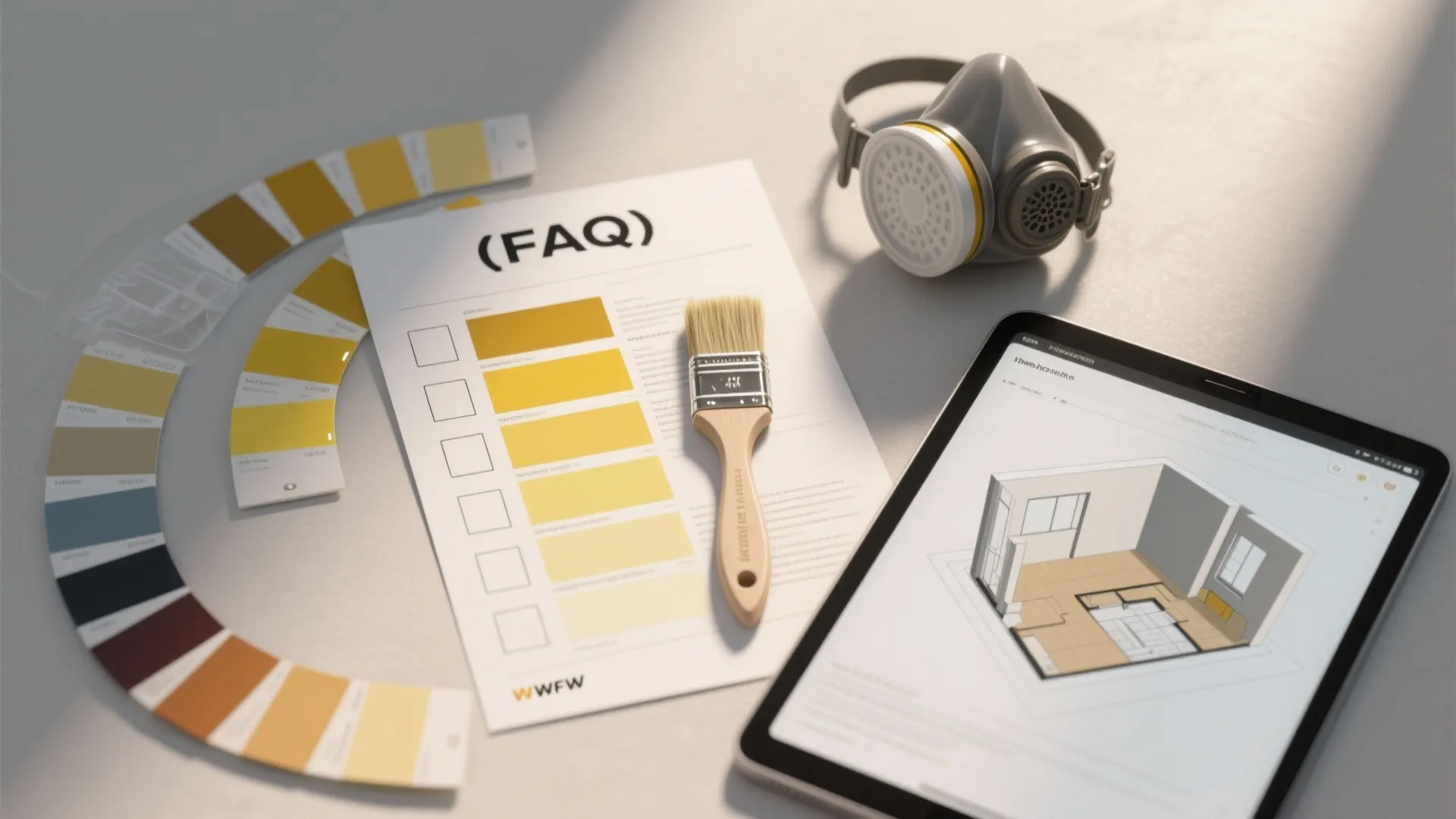 Table with yellow color swatches, paper sheet, paint brush, breathing mask, and tablet showing room