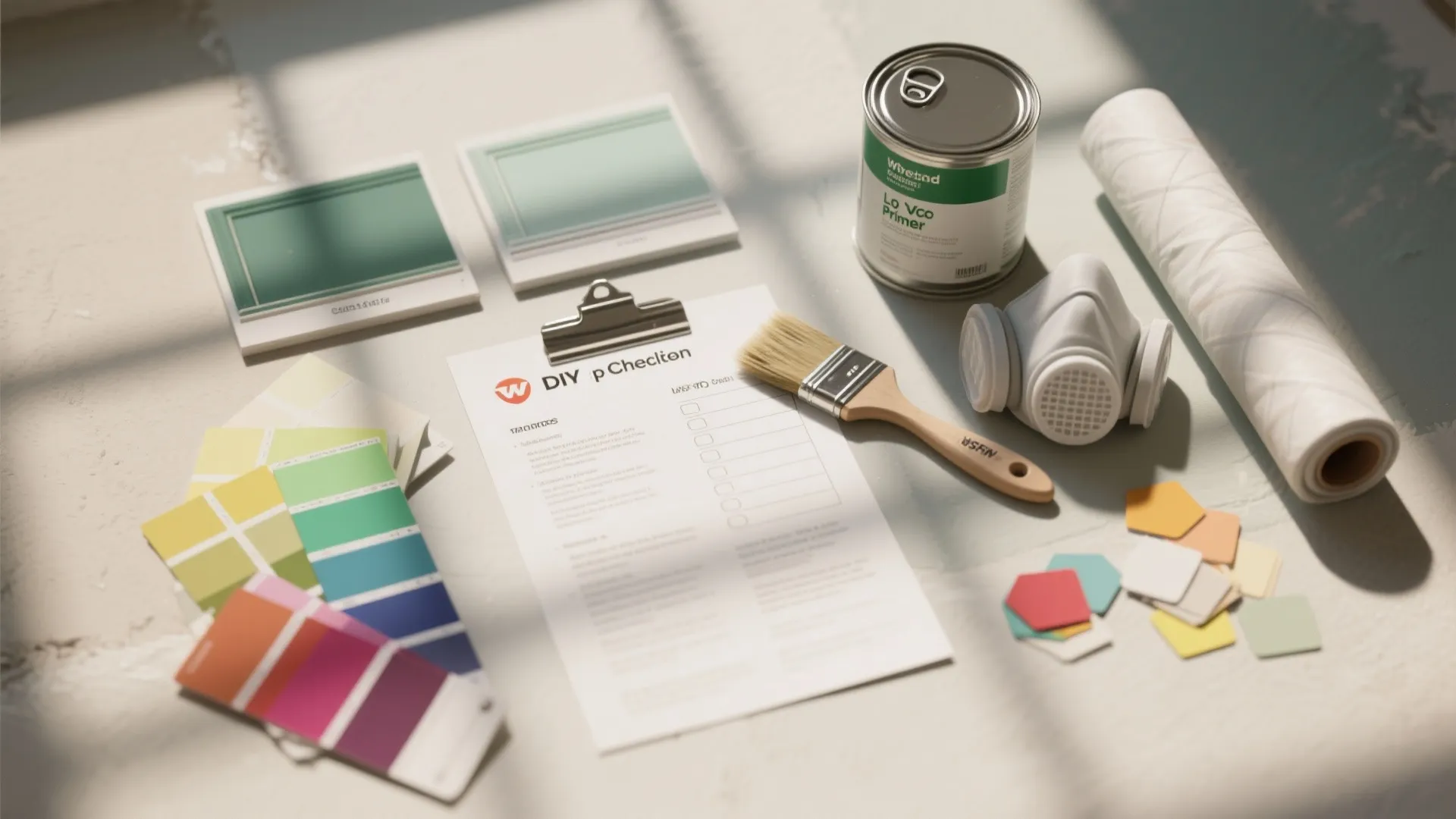 Home renovation checklist surrounded by paint can brush face mask wallpaper roll and colorful paper samples