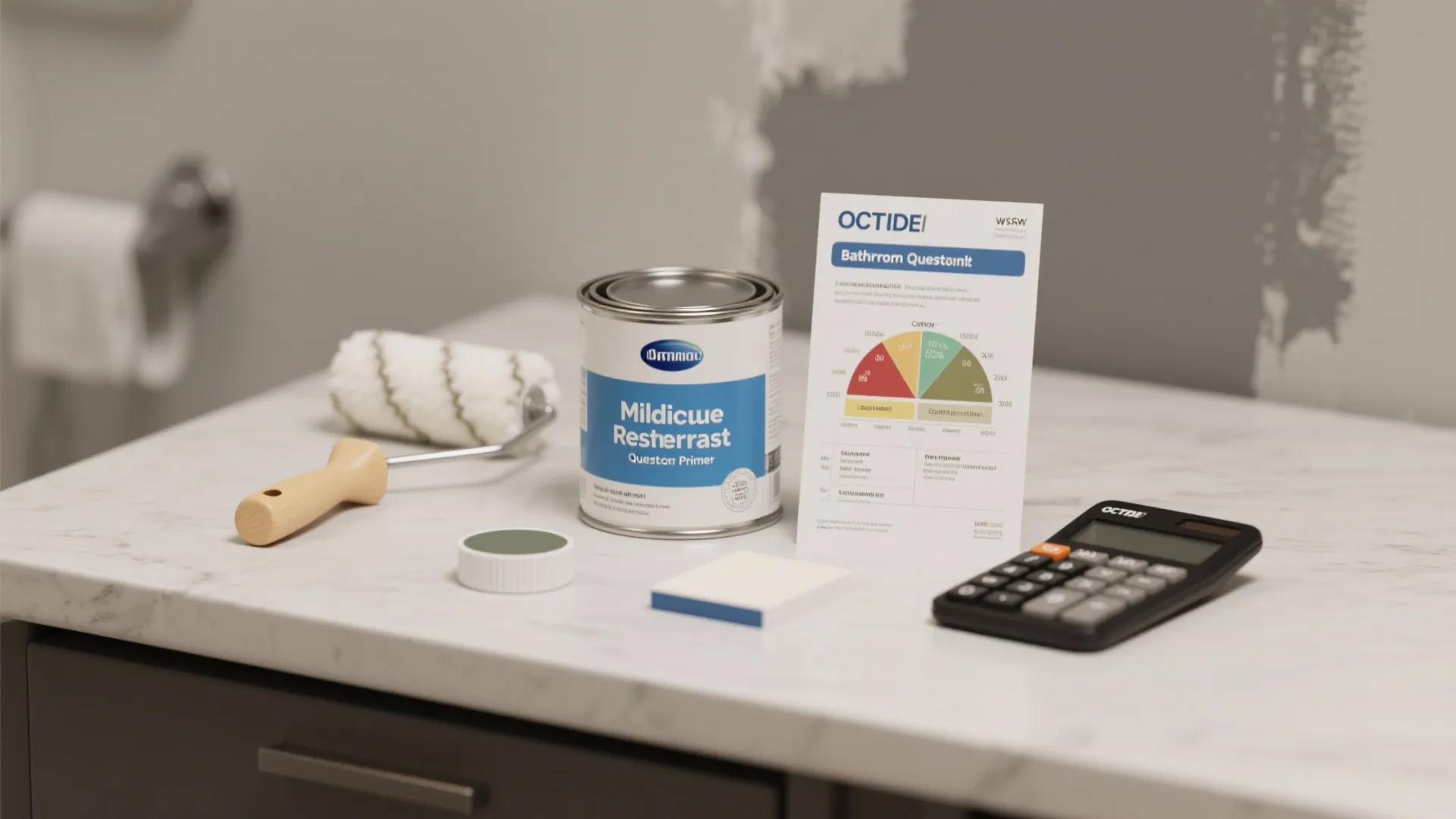 Primer, mildew-resistant paint sample, roller and coverage chart arranged for bathroom painting FAQ.