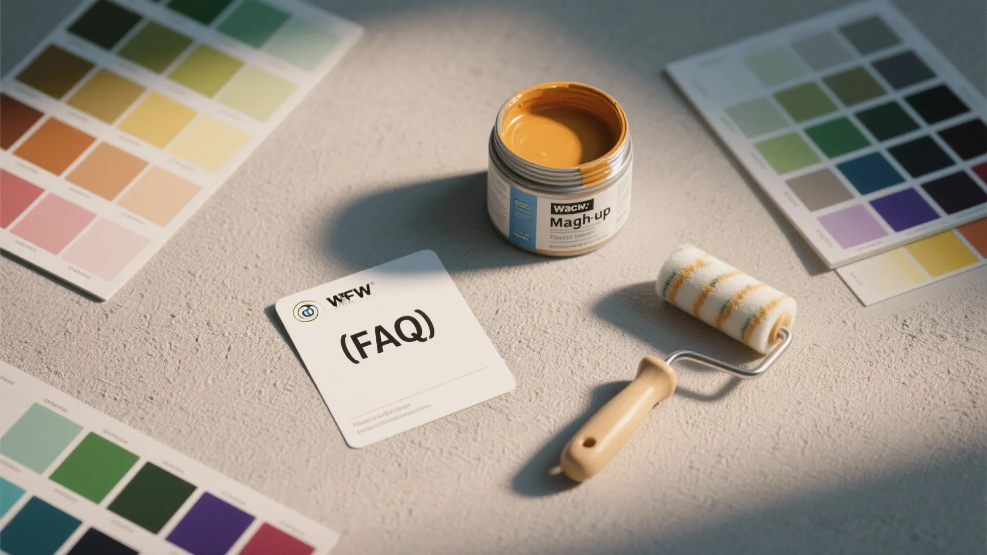 Interior design paint kit with yellow paint jar small roller color cards and FAQ note