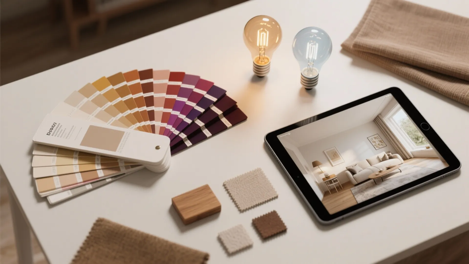 Paint fan deck, warm and cool bulbs, and material samples arranged top-down to illustrate FAQ tips for dark rooms.