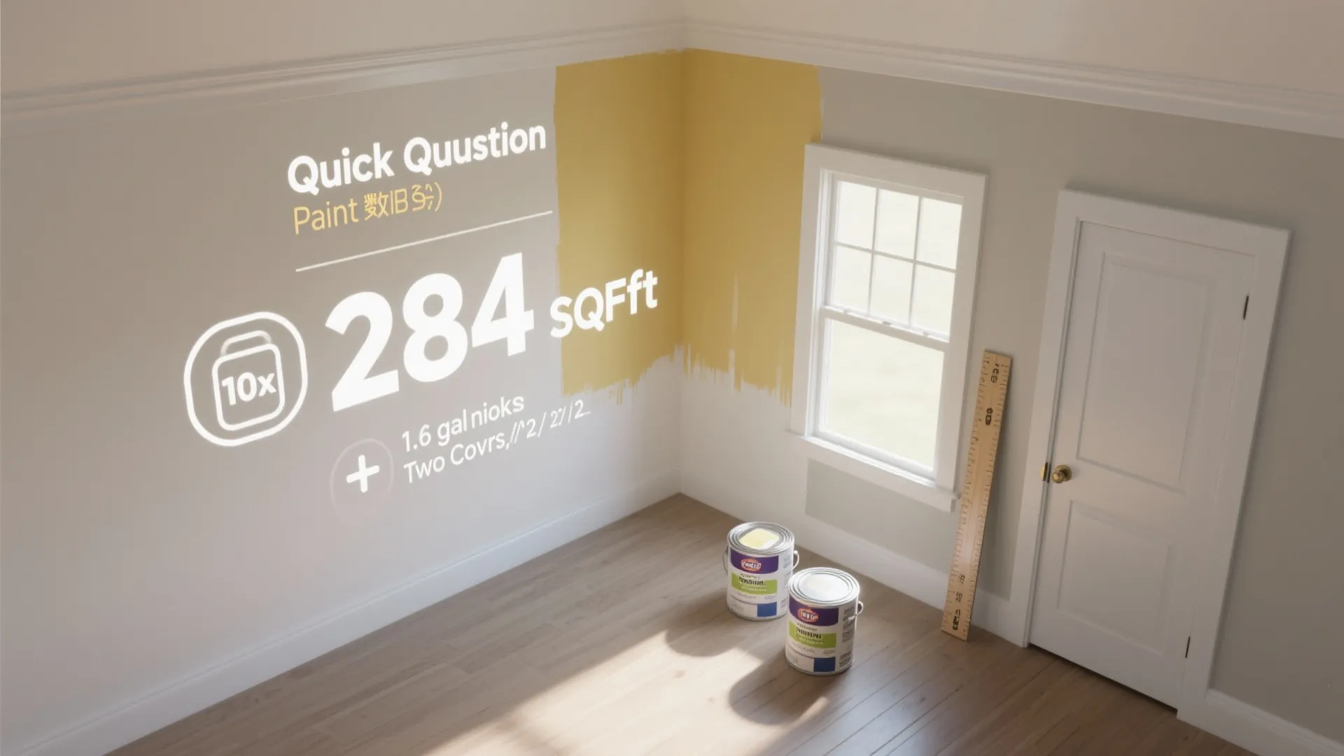 Graphic showing paint coverage area calculation on a white wall with yellow paint and cans