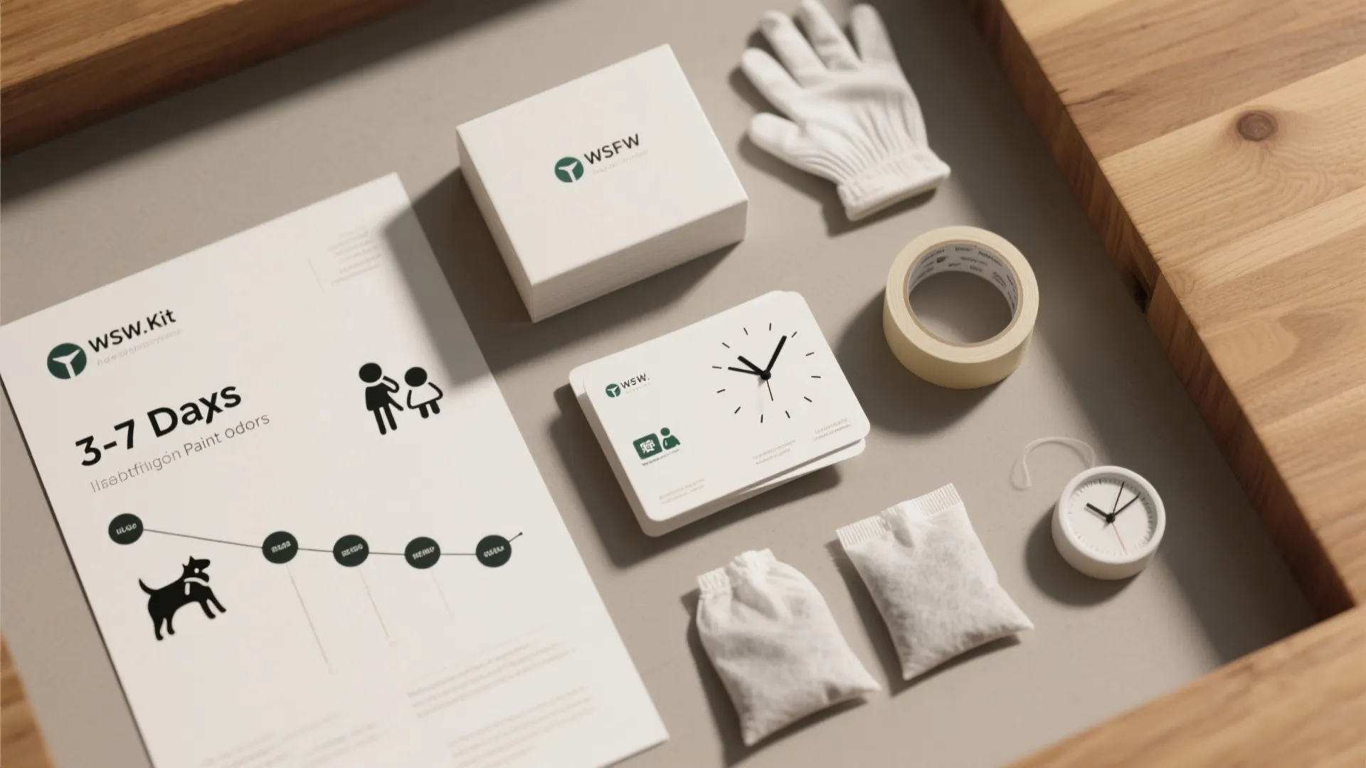 Top-down flatlay of an FAQ card, clock, pet and caution icons, and cleaning tools for paint odor guidance.