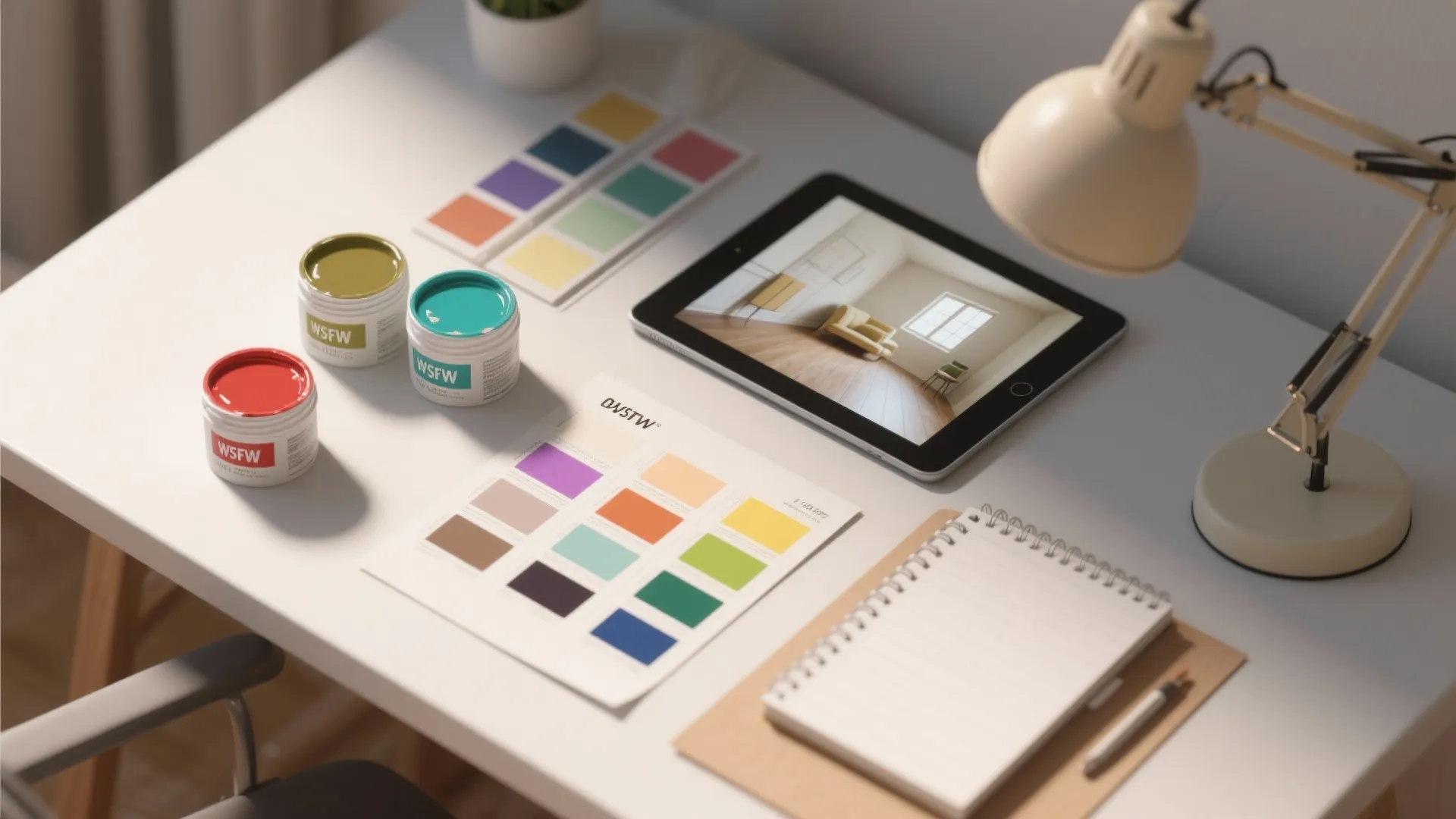 White desk featuring paint cans color palettes tablet showing interior design drawing lamp and spiral notebook
