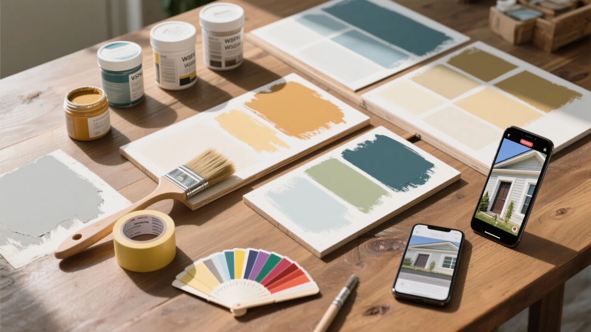 Wooden table with paint cans, color samples, paintbrush, tape, and phones showing home exterior design