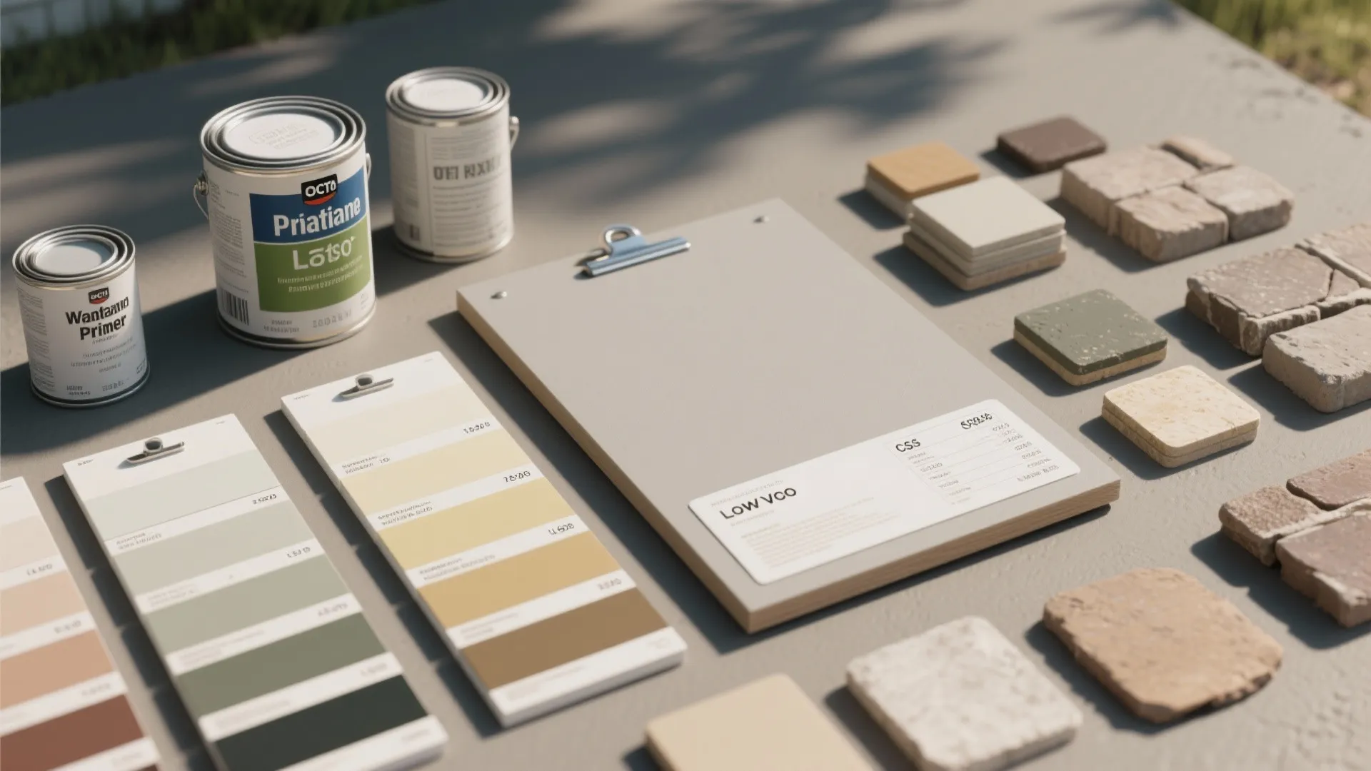 Selection of paint cans color swatches and stone tile material samples for home interior renovation