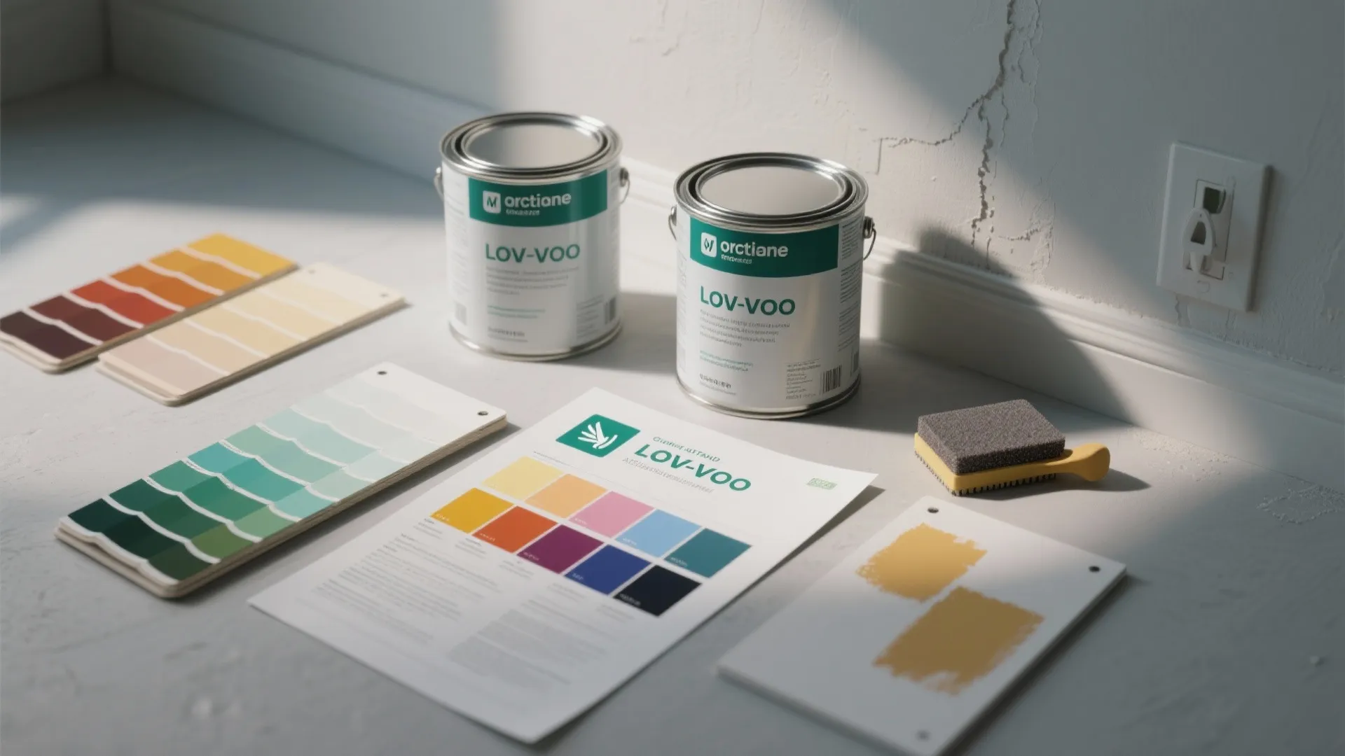 Two white paint cans with color palettes and various paint samples laid out on floor