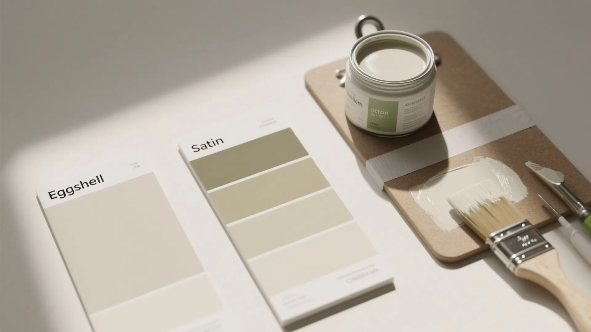 Neutral paint color samples with open paint can and wooden brush on white table surface