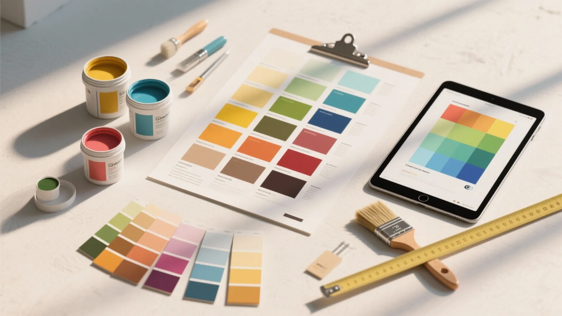Interior design tools including colorful paint cans brushes color palette sheets measuring tape digital tablet