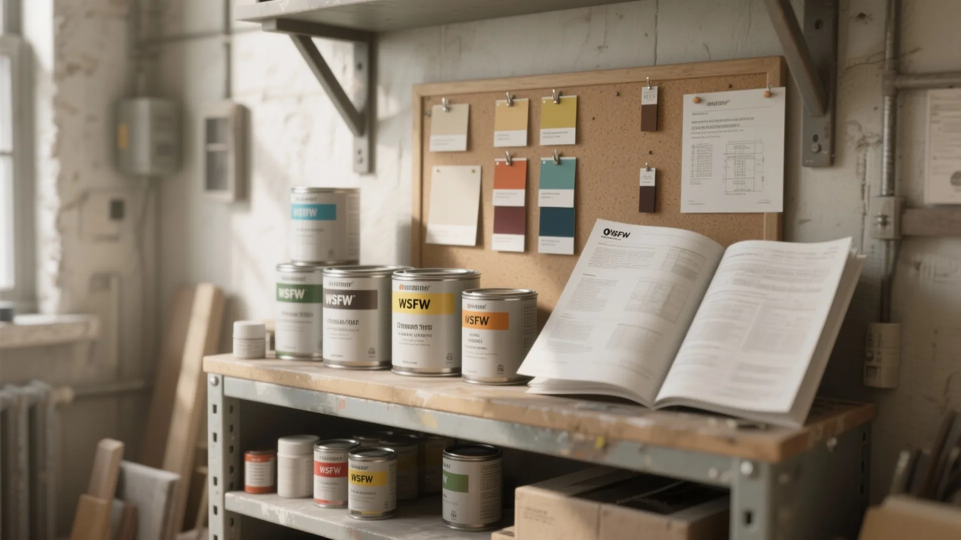 Workshop shelf with paint cans, finish swatches and a technical data sheet illustrating FAQs about paint and finishes.