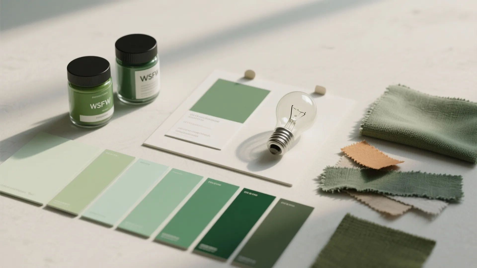 Green paint jars with color swatches fabric samples and light bulb on white table surface