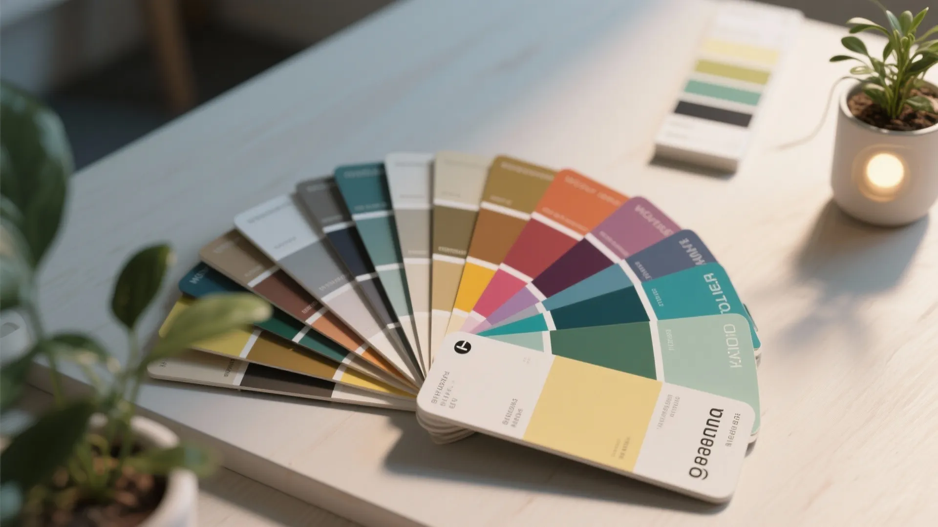 Close-up of paint sample chips and lighting swatches for selecting accent wall colors