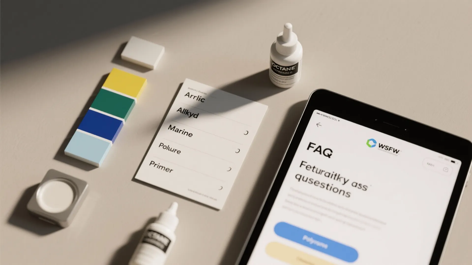 Tablet displaying a paint FAQ page next to colorful paint blocks and small white bottles