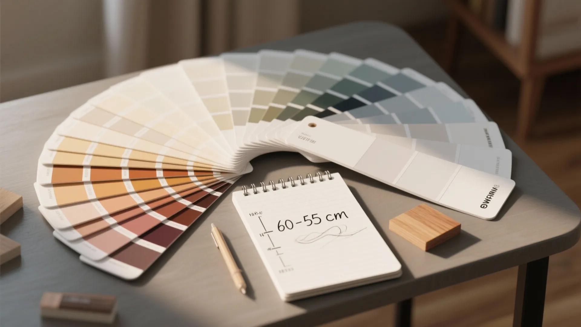 Paint swatches of warm and cool whites, measurement sketch and wood tone samples for planning.