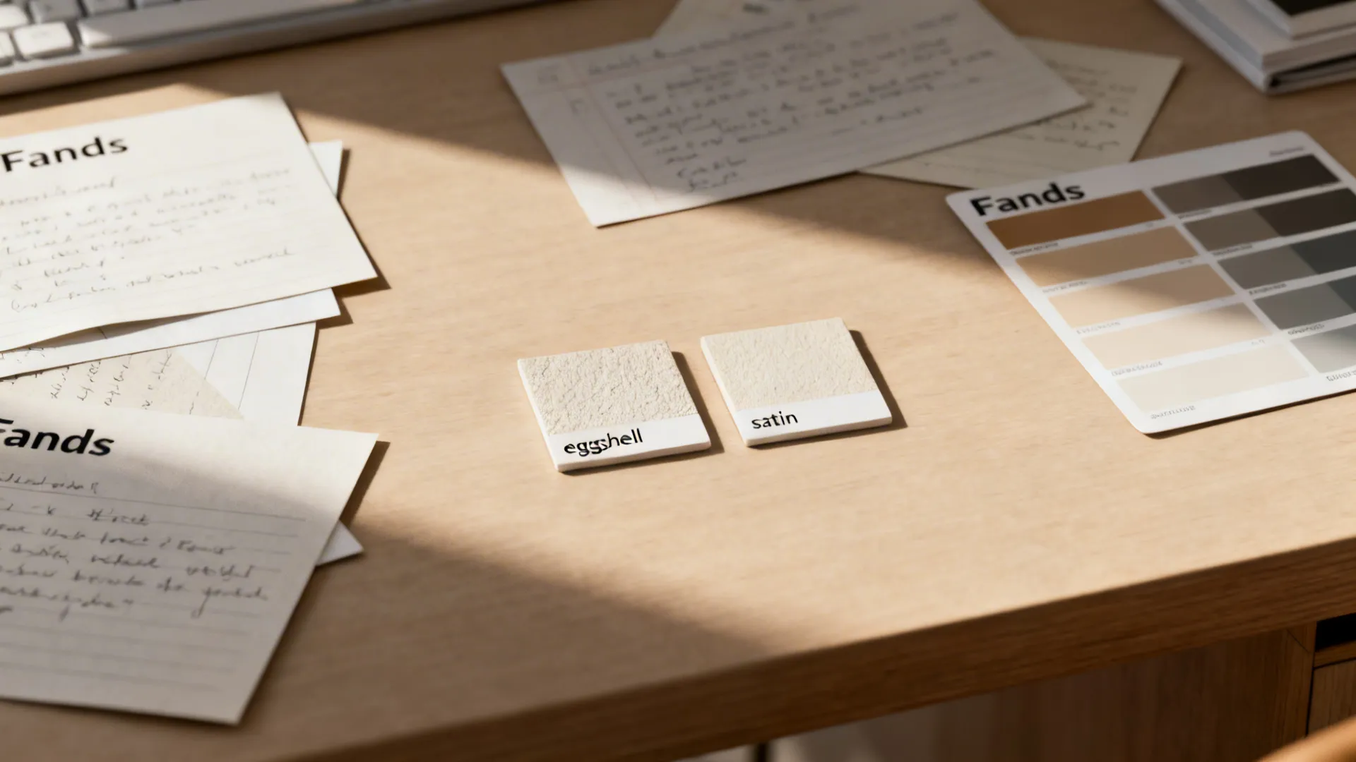 Designer desk with paint sample chips and FAQ notes about eggshell and satin