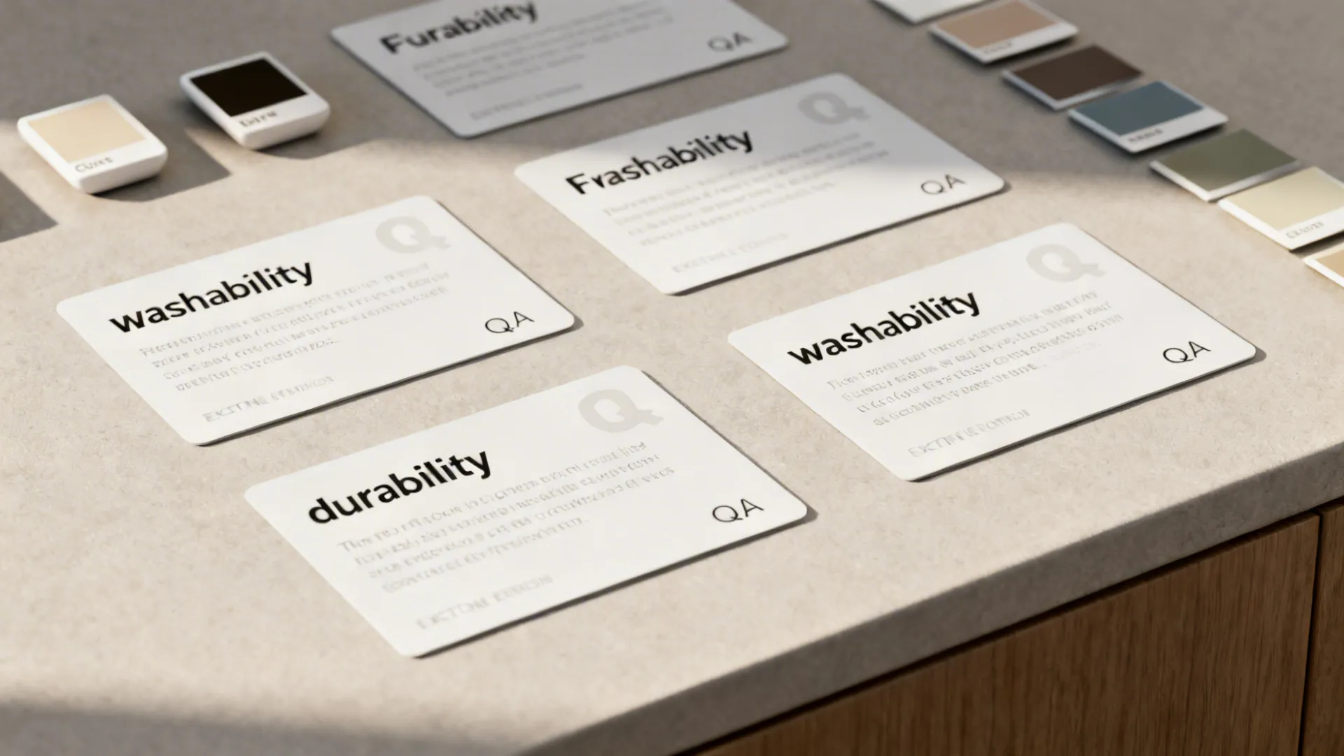 Flatlay with paint chips and FAQ cards about matte and eggshell finishes