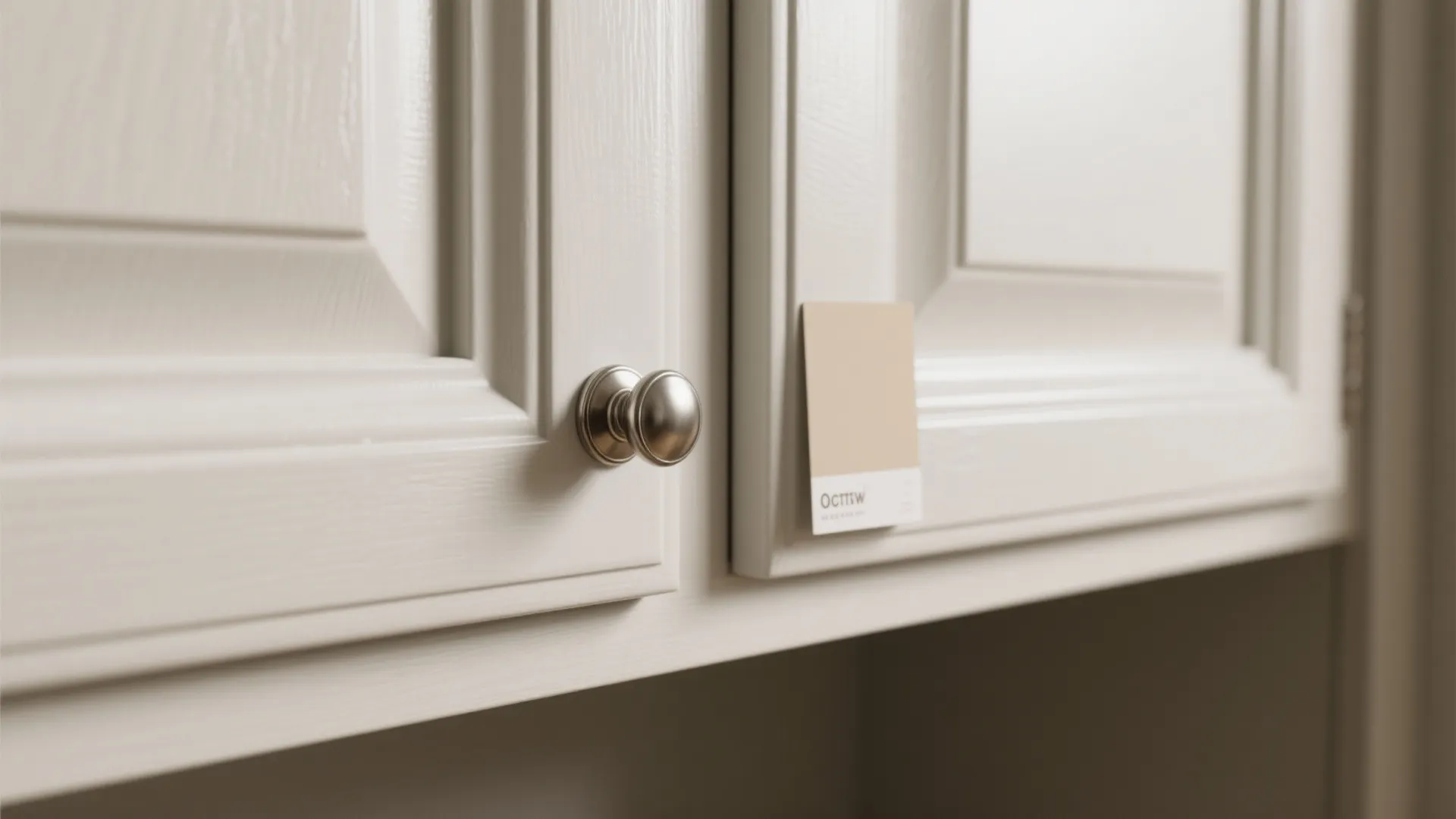 Close-up of shaker cabinet showing semi-gloss paint sheen and a brushed nickel knob