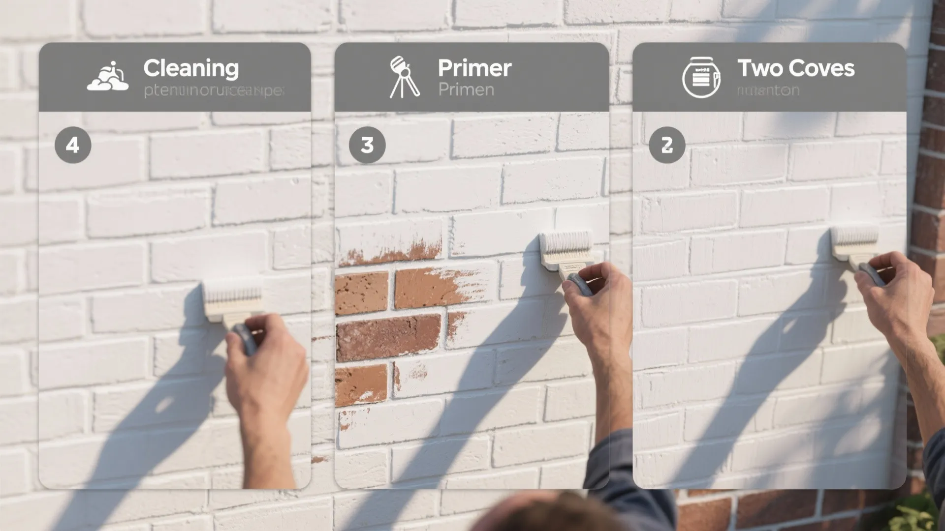 Process showing how to clean prime and paint a red brick wall using white paint