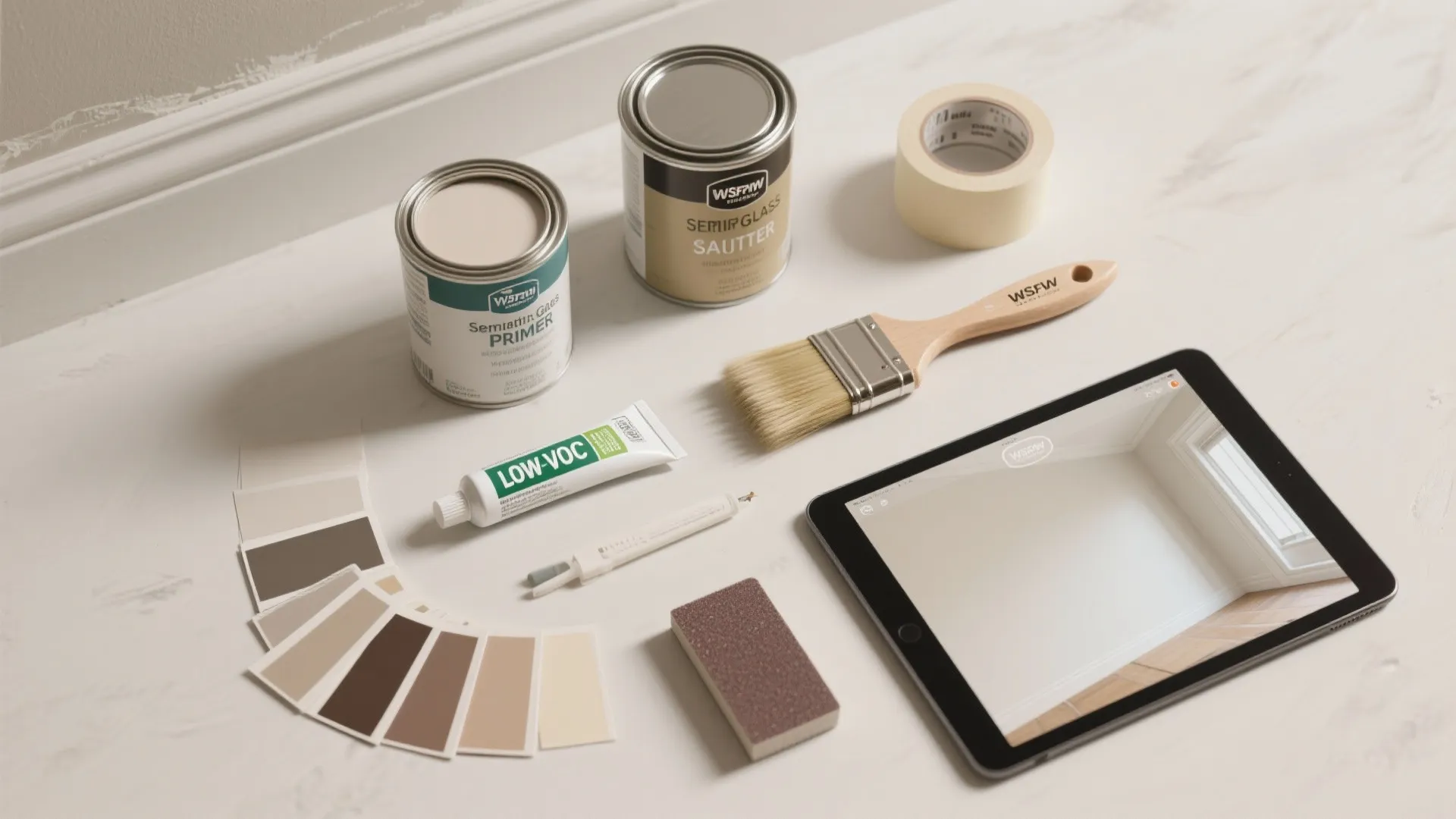 Top-down flatlay of paint samples, brushes, tape, primer, caulk, and a tablet showing 3D mockups for trim painting decisions.