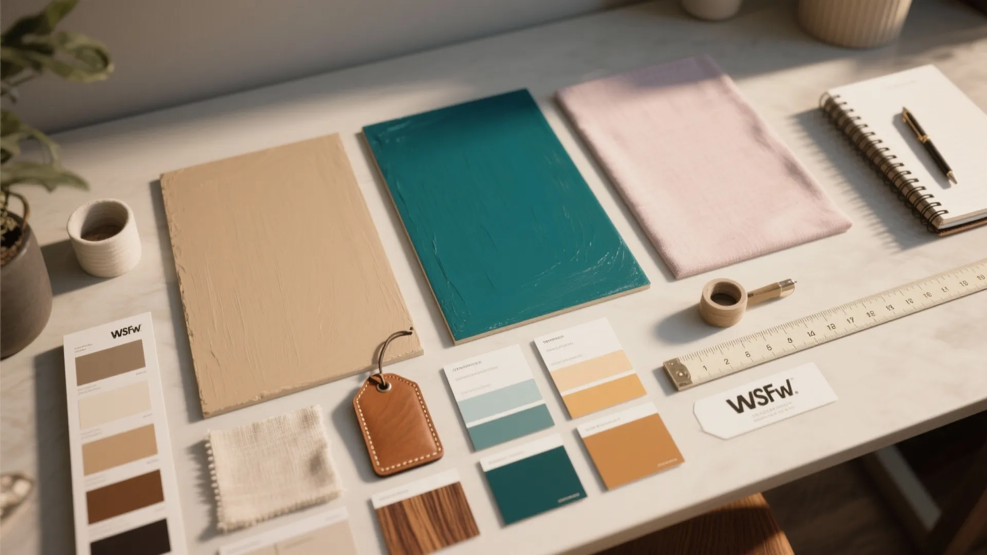 Interior design mood board with paint samples fabric swatches ruler notebook and color cards on desk