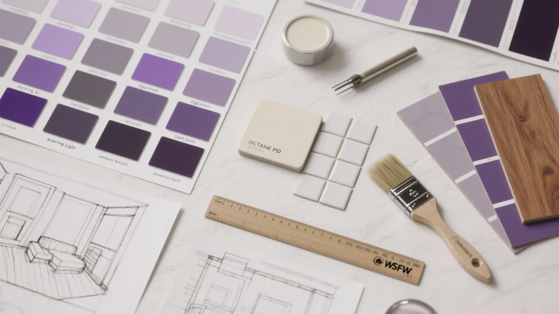 Interior design workspace with purple paint color charts wooden ruler paint brush and room sketches
