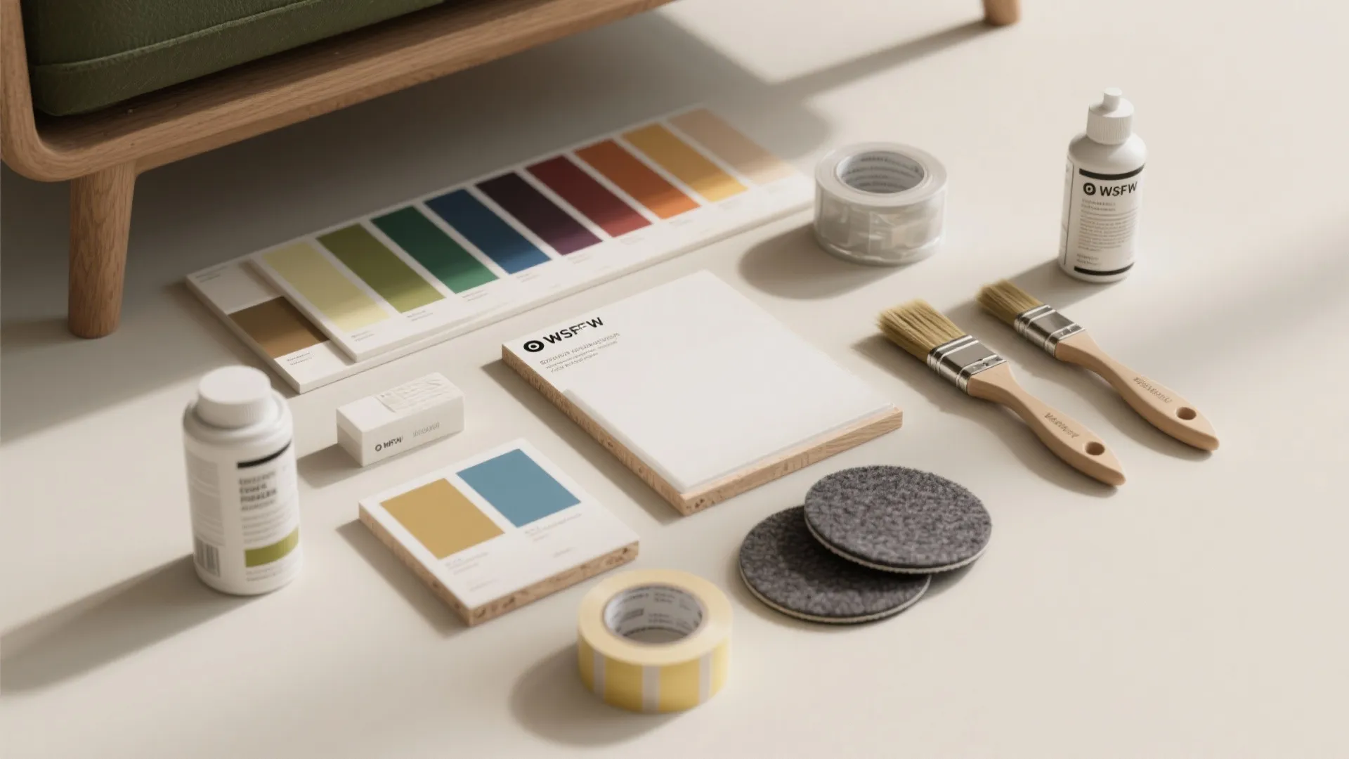 Interior painting supplies including color swatches tape paint brushes and paint bottles on a floor