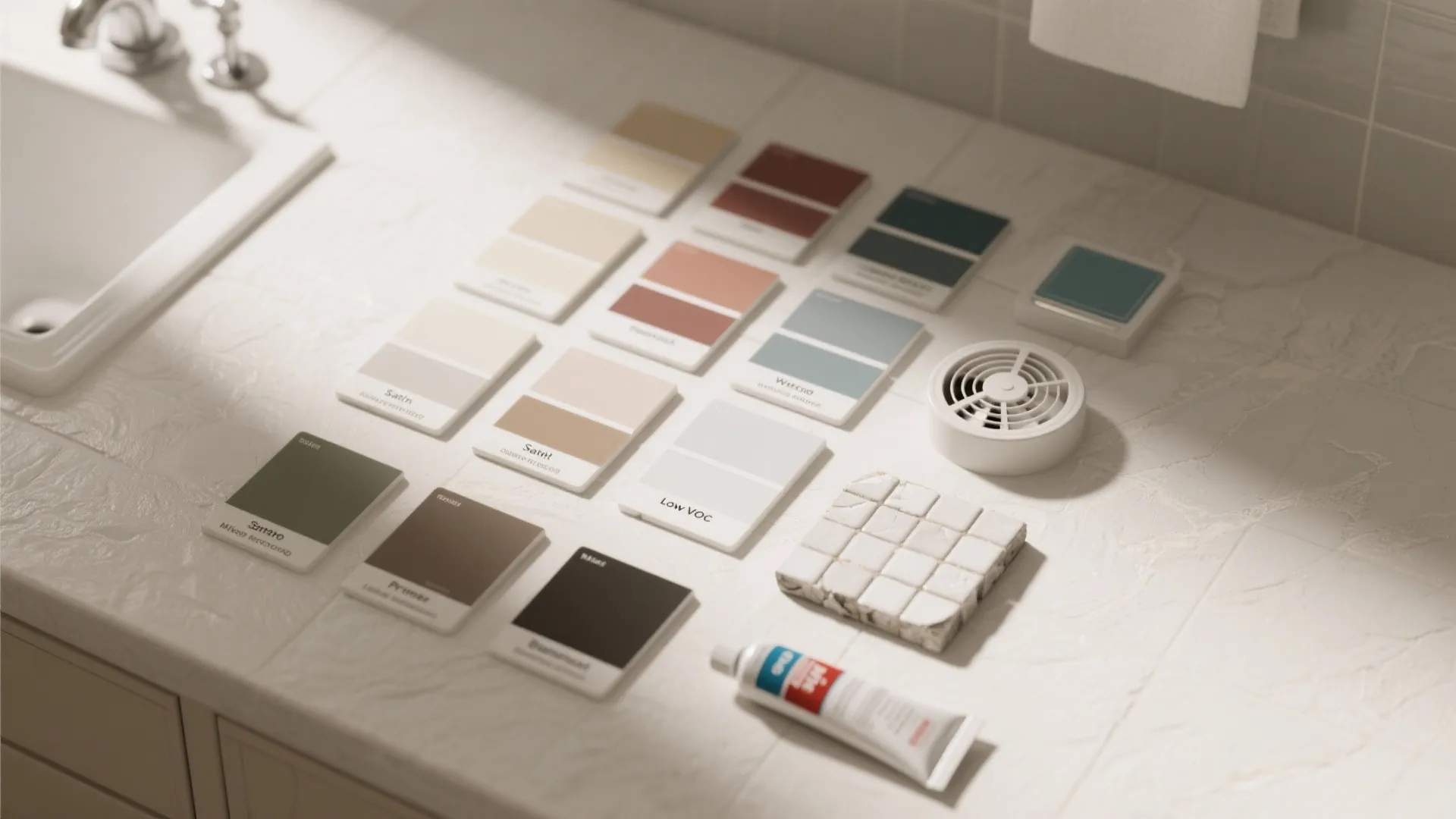 Various colorful paint swatches and materials on a white bathroom counter near a bathroom sink