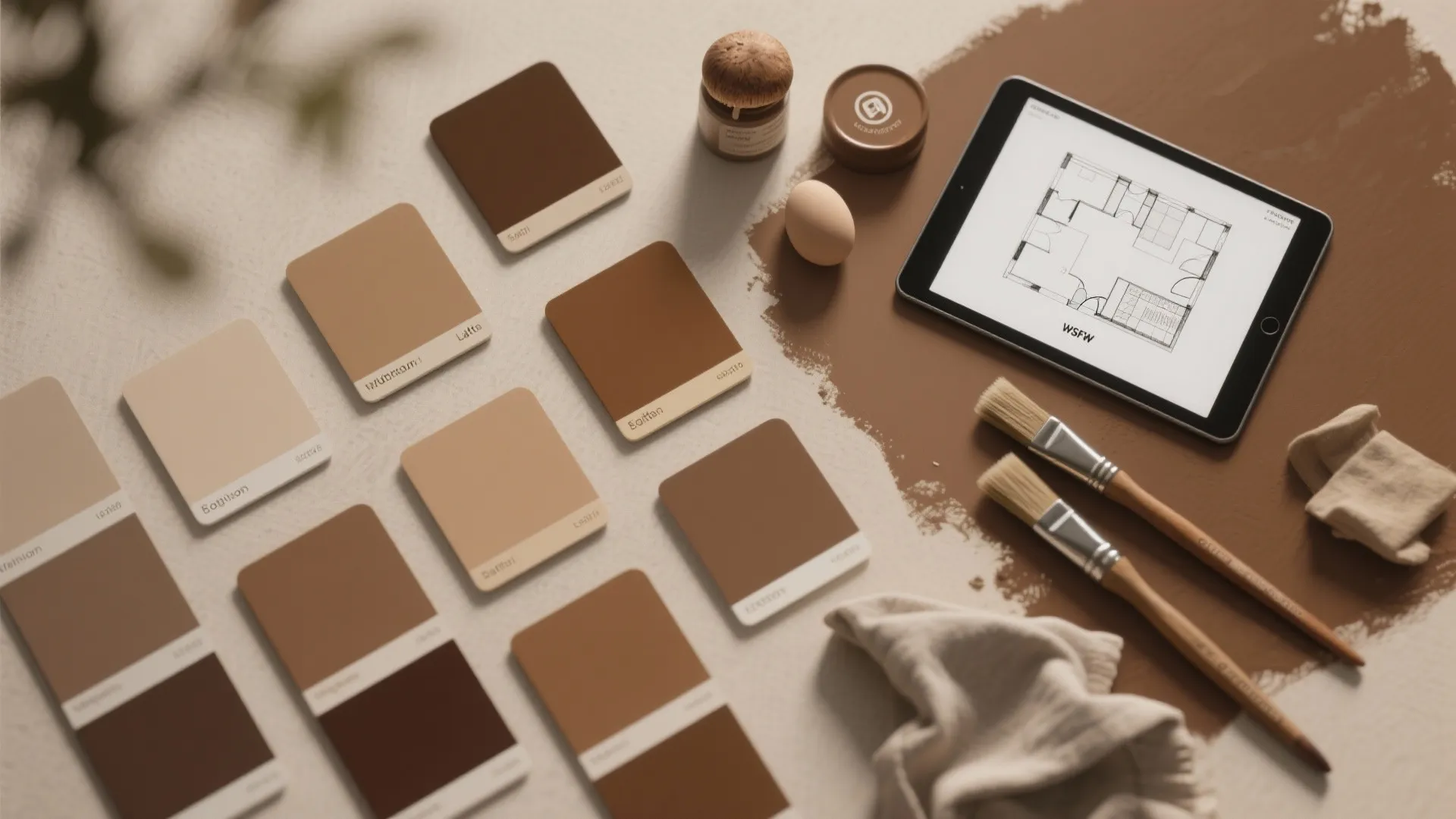 Brown paint color swatches beside paint brushes and a tablet showing a simple room layout