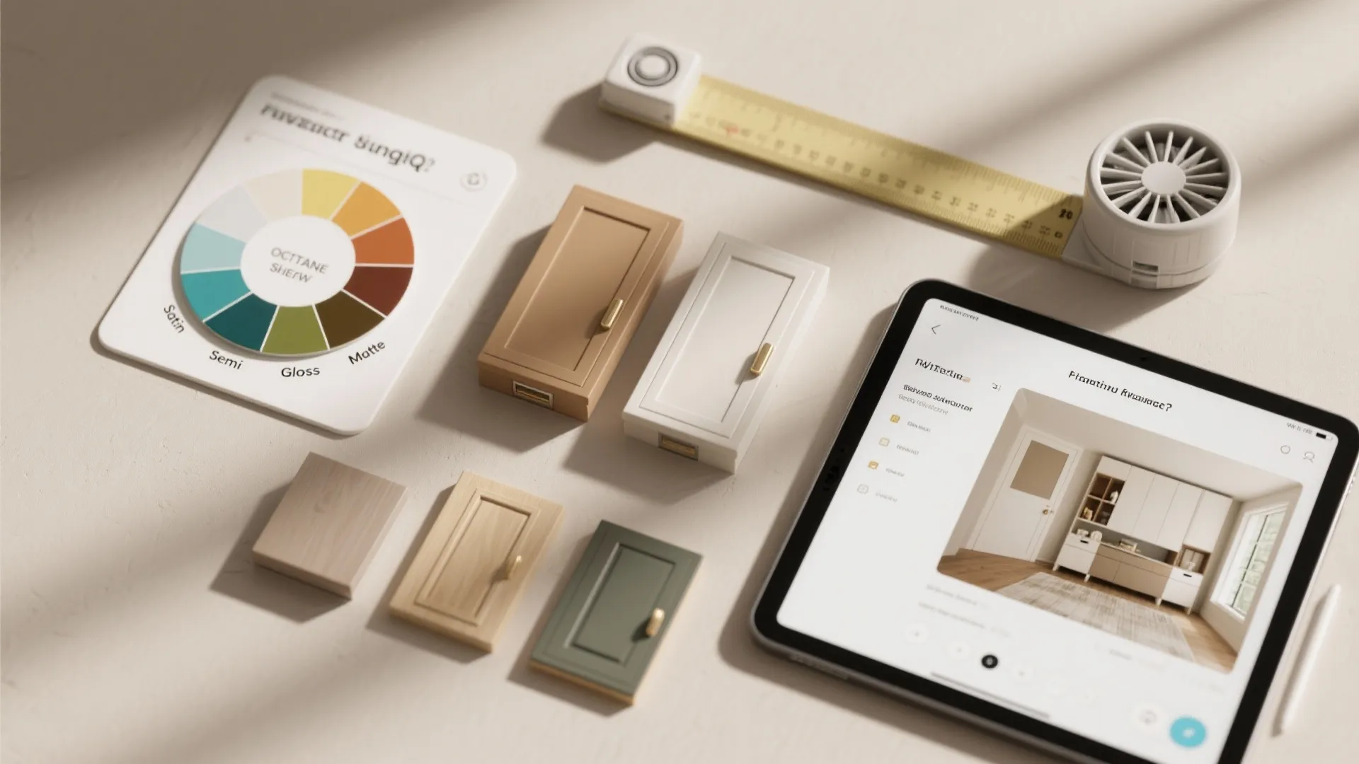 Paint sheen chart, cabinet samples and a 3D planner tablet for visualizing cabinet paint choices