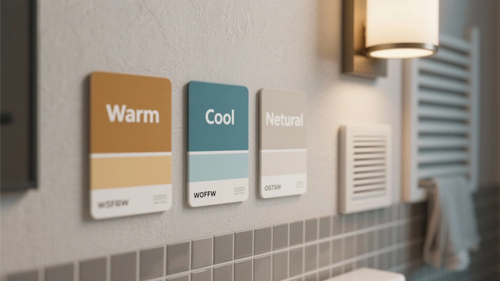 Three paint color cards labeled warm cool and natural hanging on a textured white wall