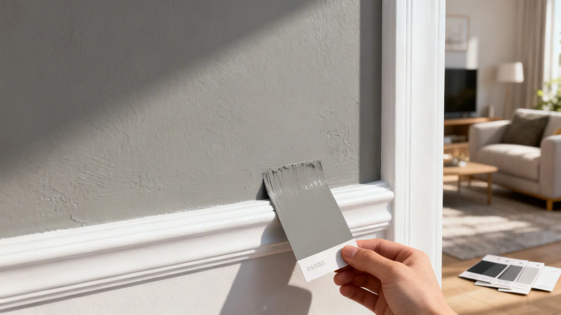 Paint swatches of neutral mid-grey compared with pure white trim, shown in natural daylight.