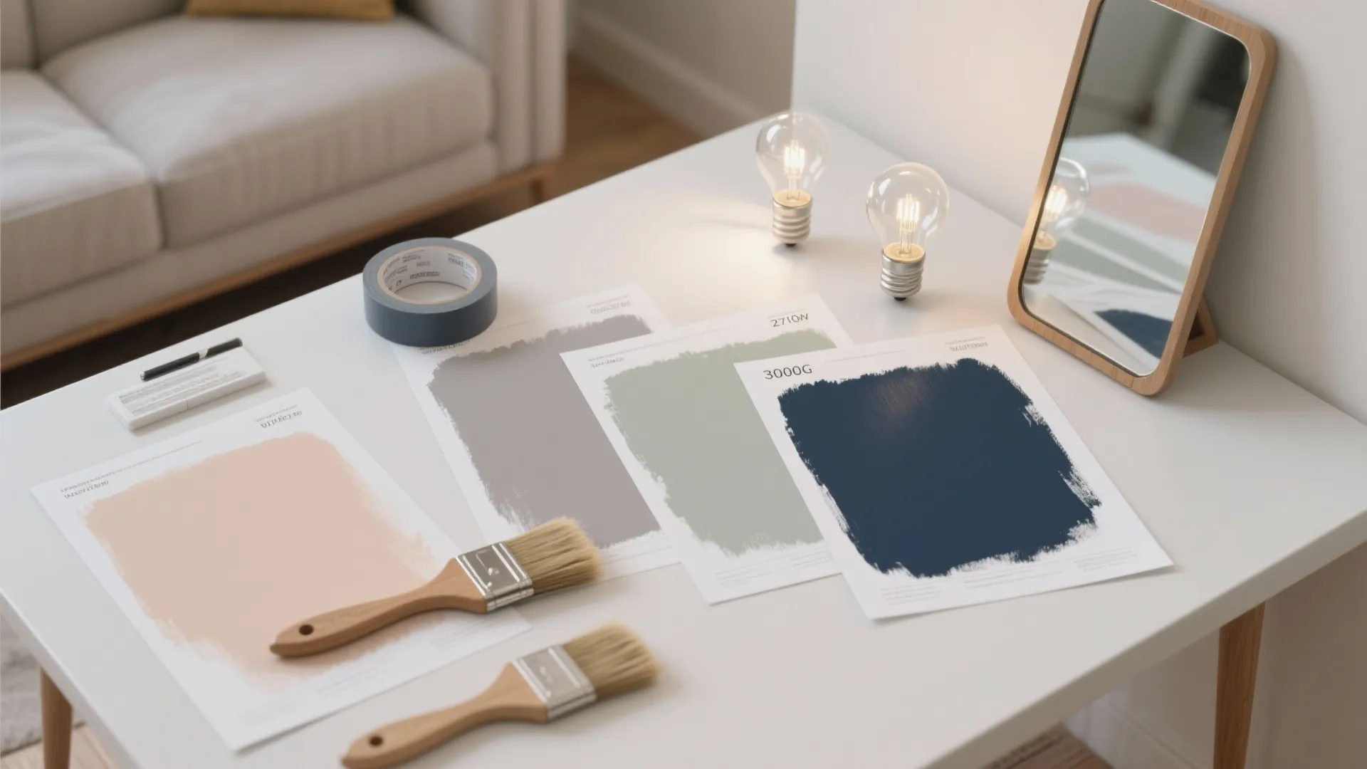 Table with paint samples, brushes, tape, light bulbs, and small mirror for choosing home colors
