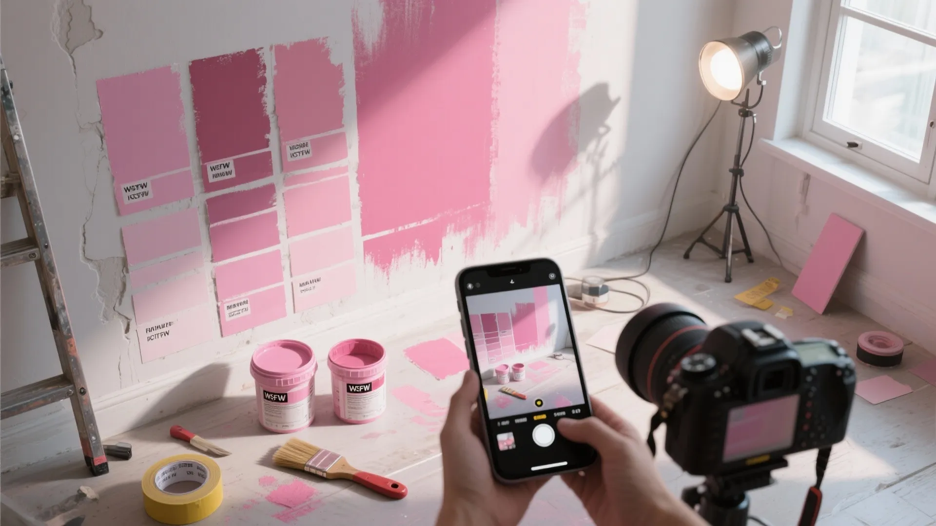 Person taking photo of pink paint samples on wall with phone camera and professional studio light