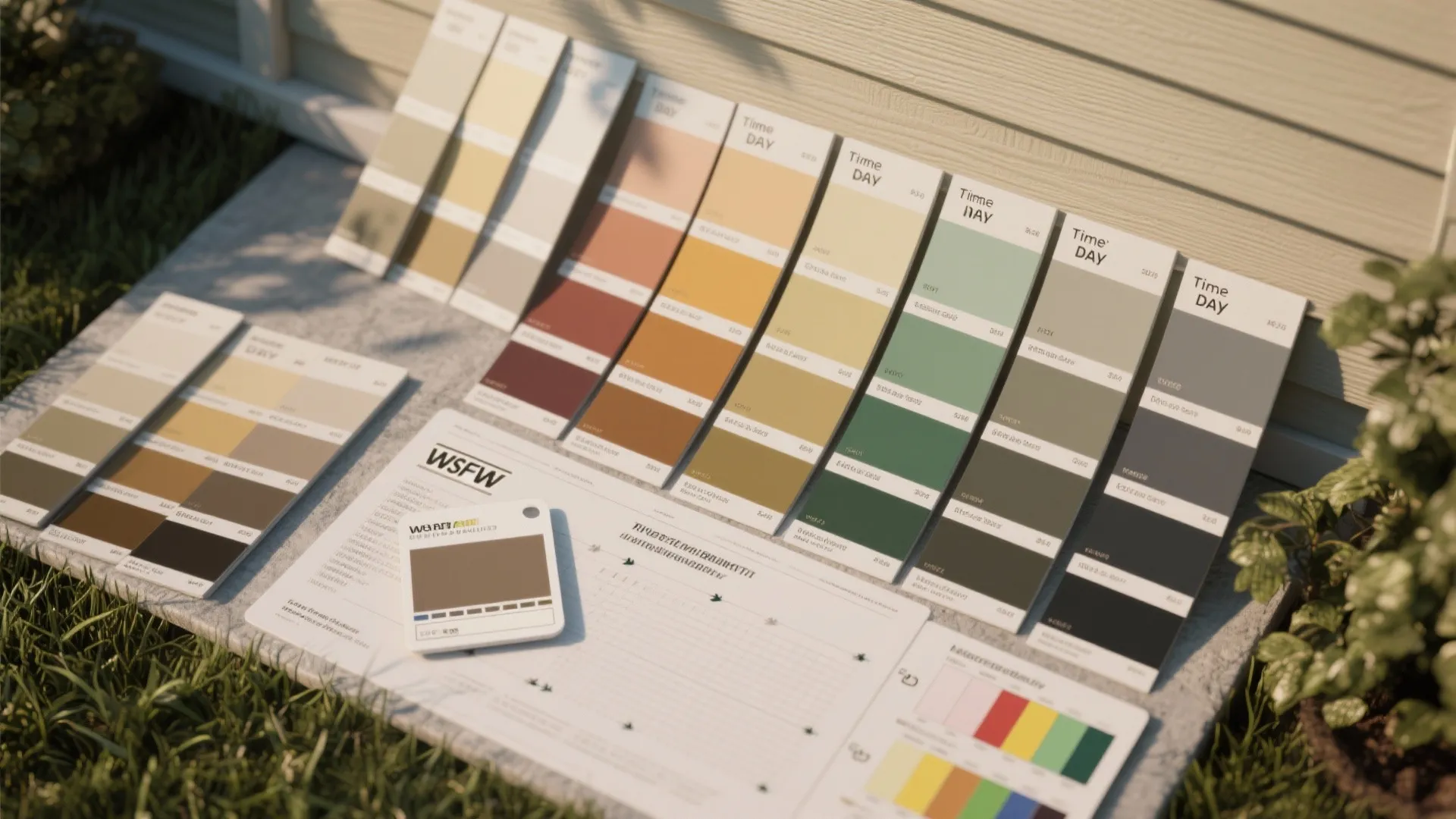 Colorful paint color cards and a chart placed on outdoor ground with grass and sunlight