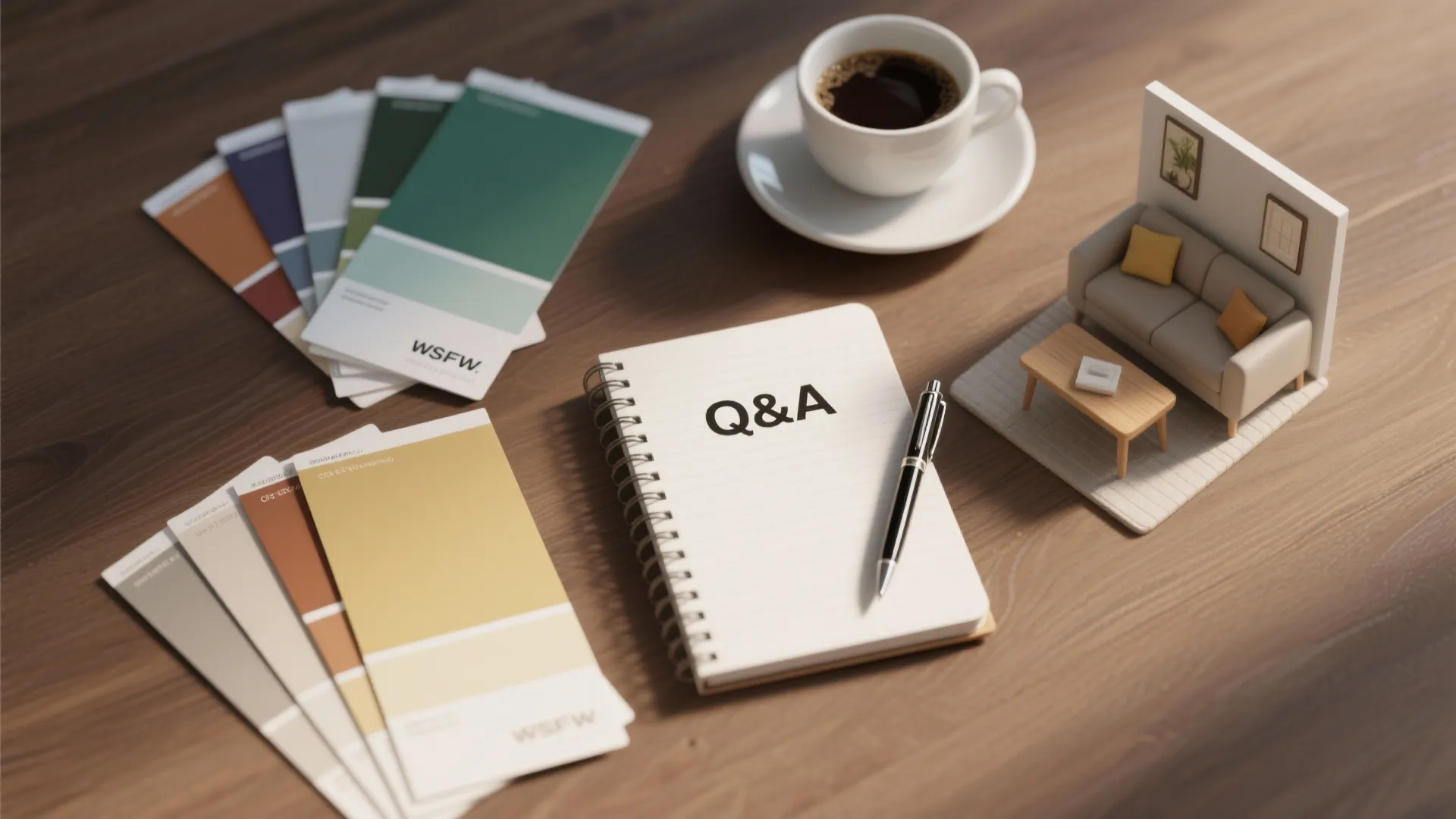 Desk with color samples coffee cup notebook showing Q and A text and small sofa model
