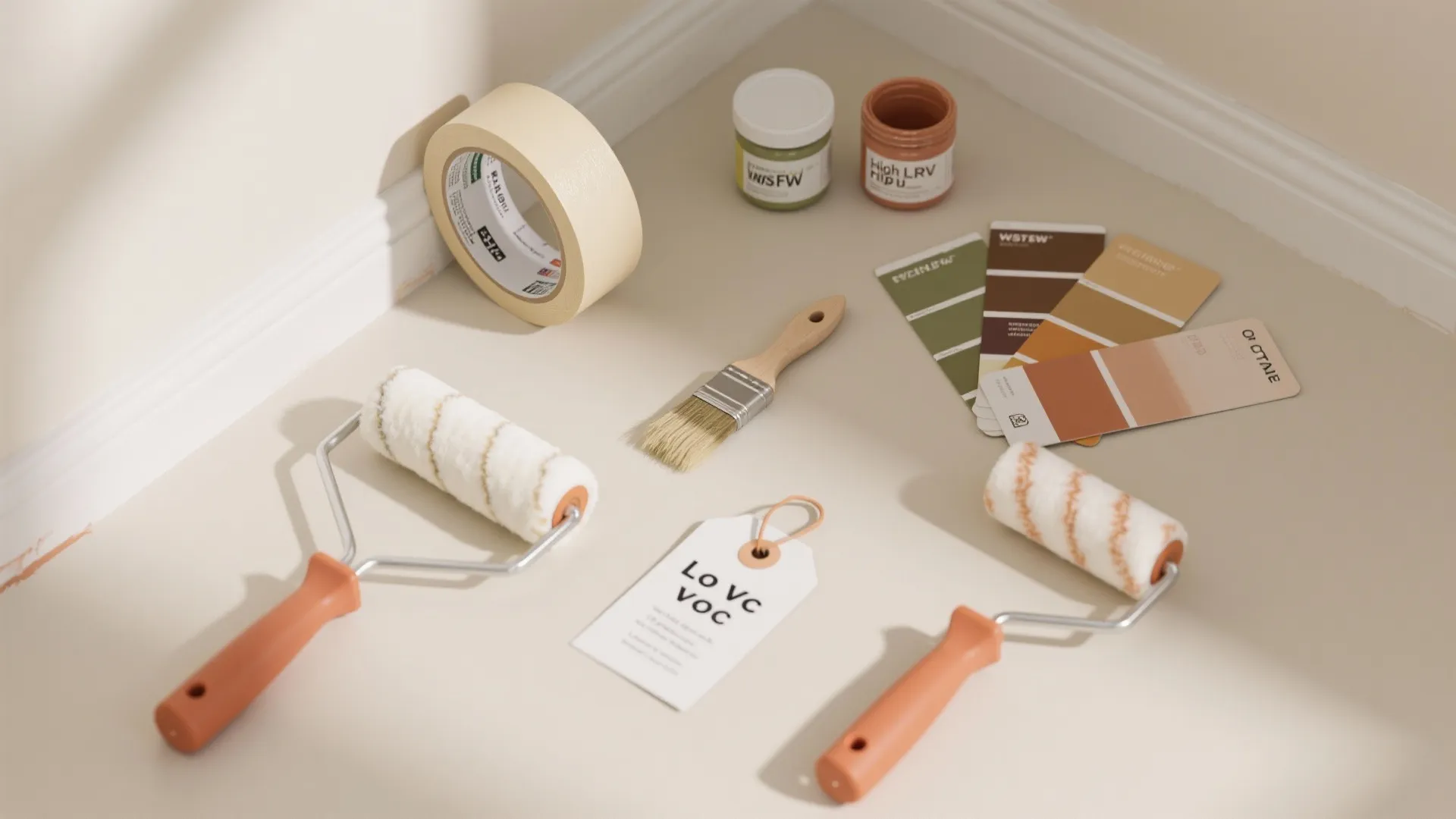 Various house painting tools including two paint rollers a brush masking tape and color samples