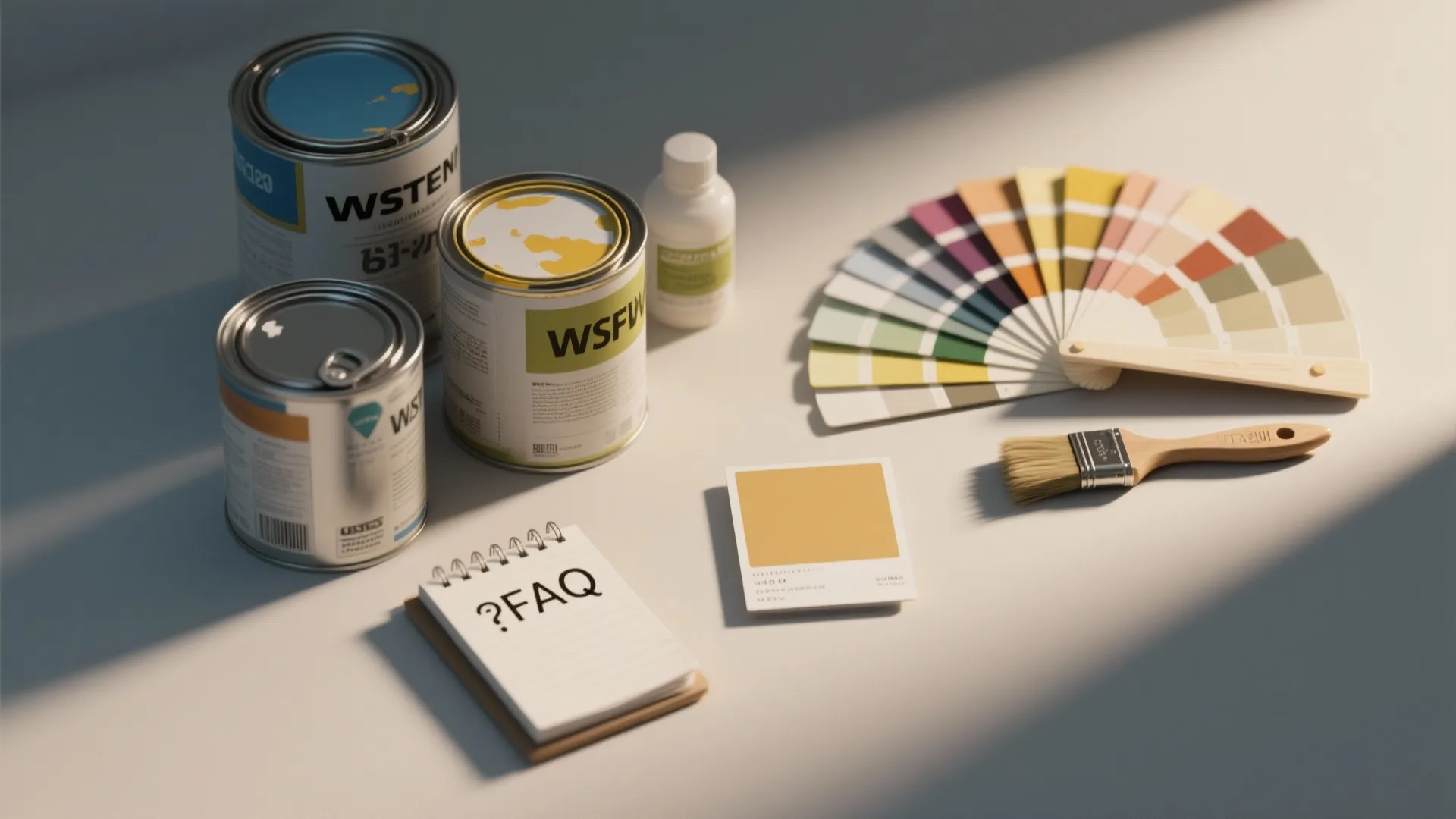 Flatlay of generic paint cans, brushes, and swatches illustrating FAQ and practical paint choices.