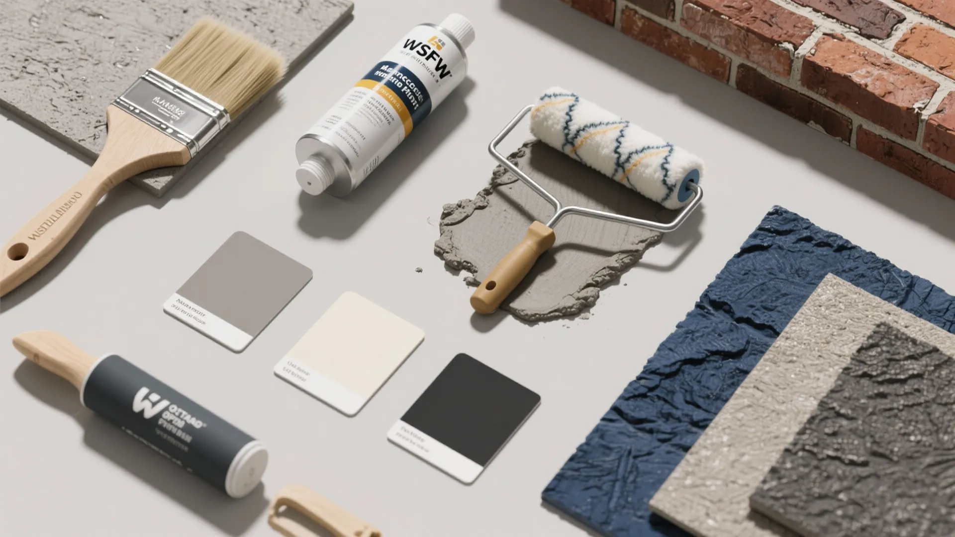 Top-down flatlay of masonry paint swatches, primer, brushes, rollers and brick texture samples for exterior painting.