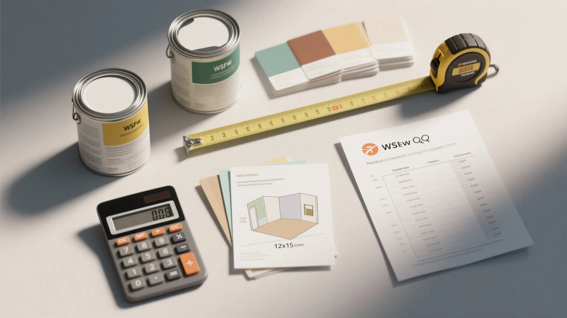 Paint cans color swatches and measuring tape on a table next to interior design drawings