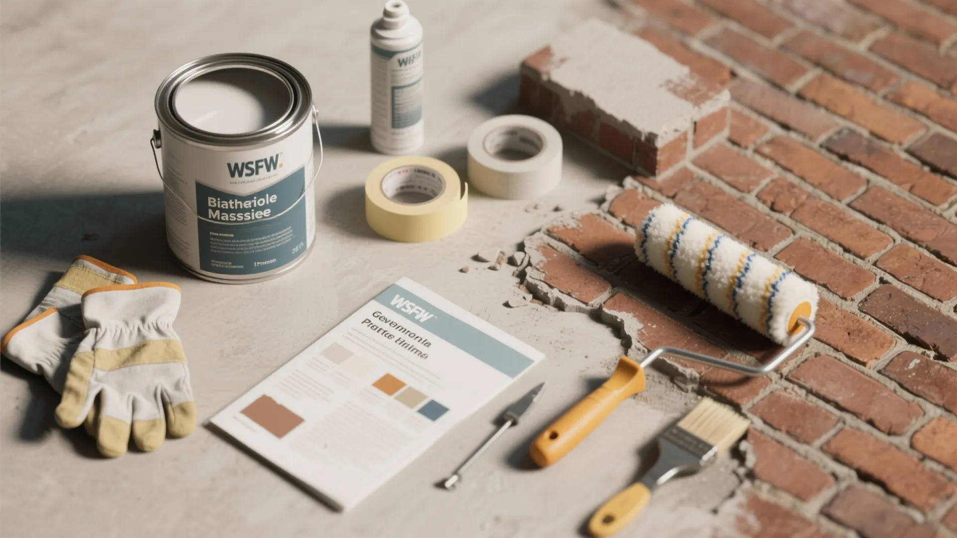 House painting tools including white paint can roller brush tape and gloves on red brick