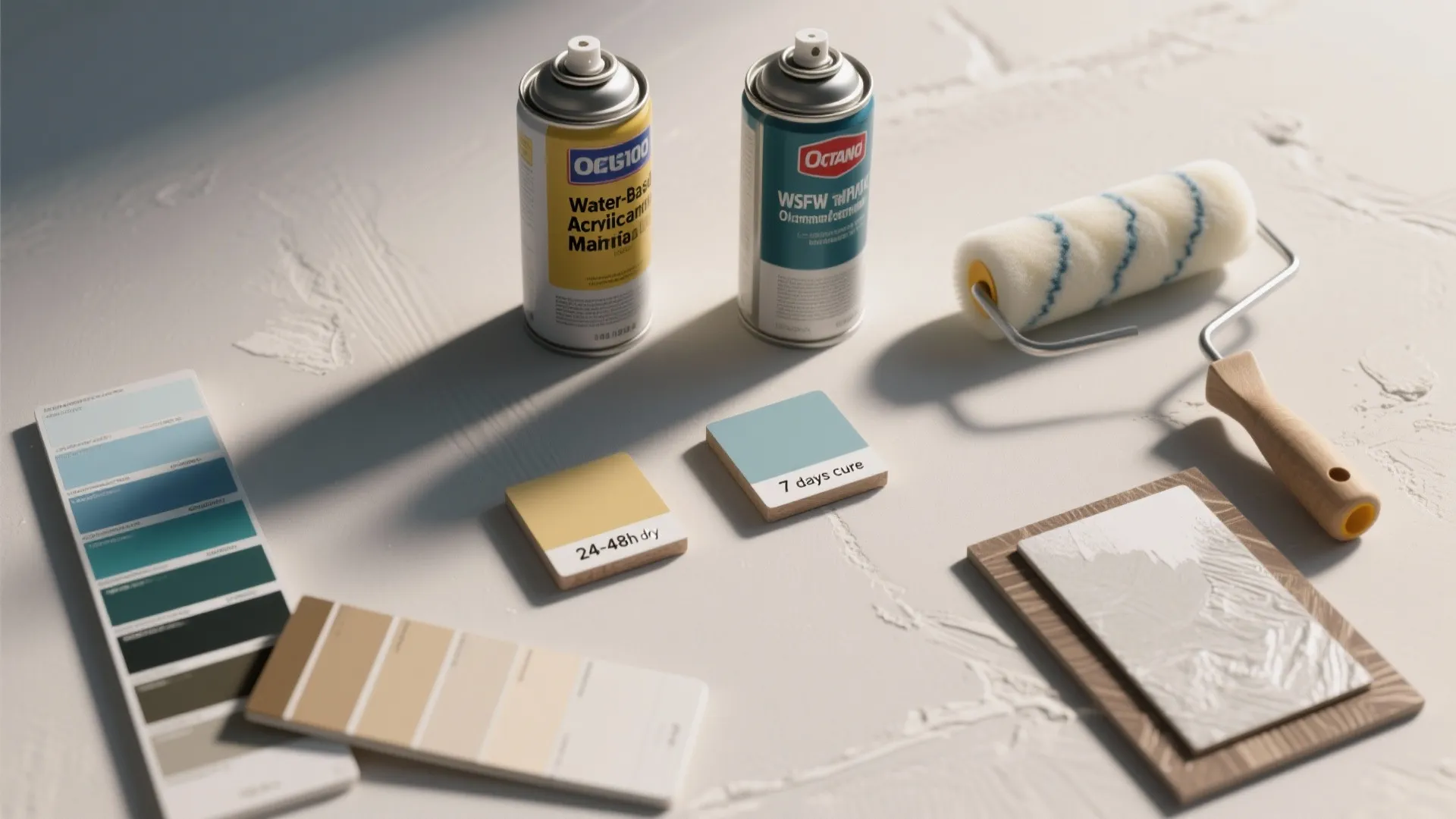 Spray paint cans and paint roller with color cards on a textured white surface background