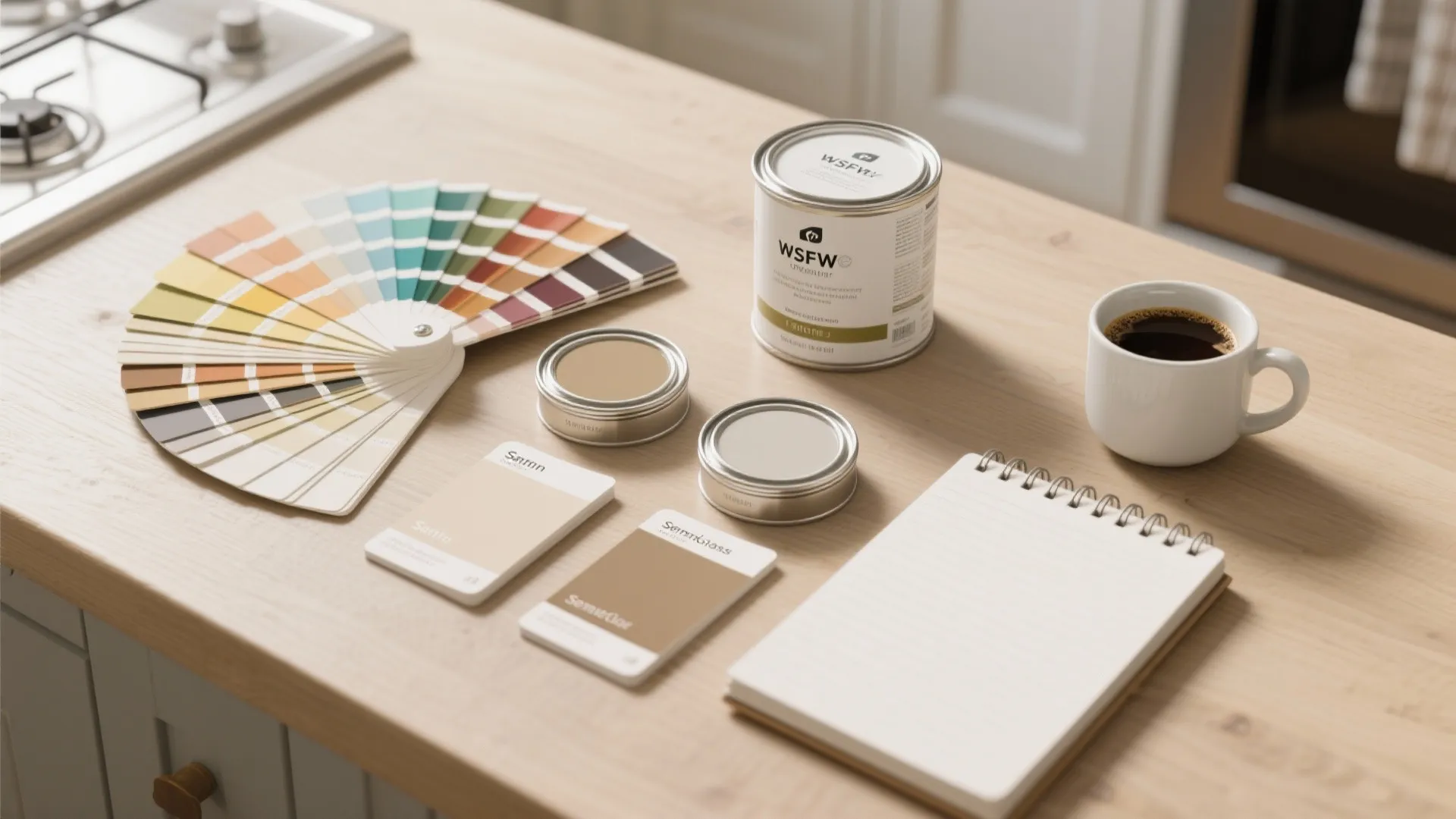 Flatlay of color chips, sample cards, and small paint tins arranged for choosing kitchen paint.