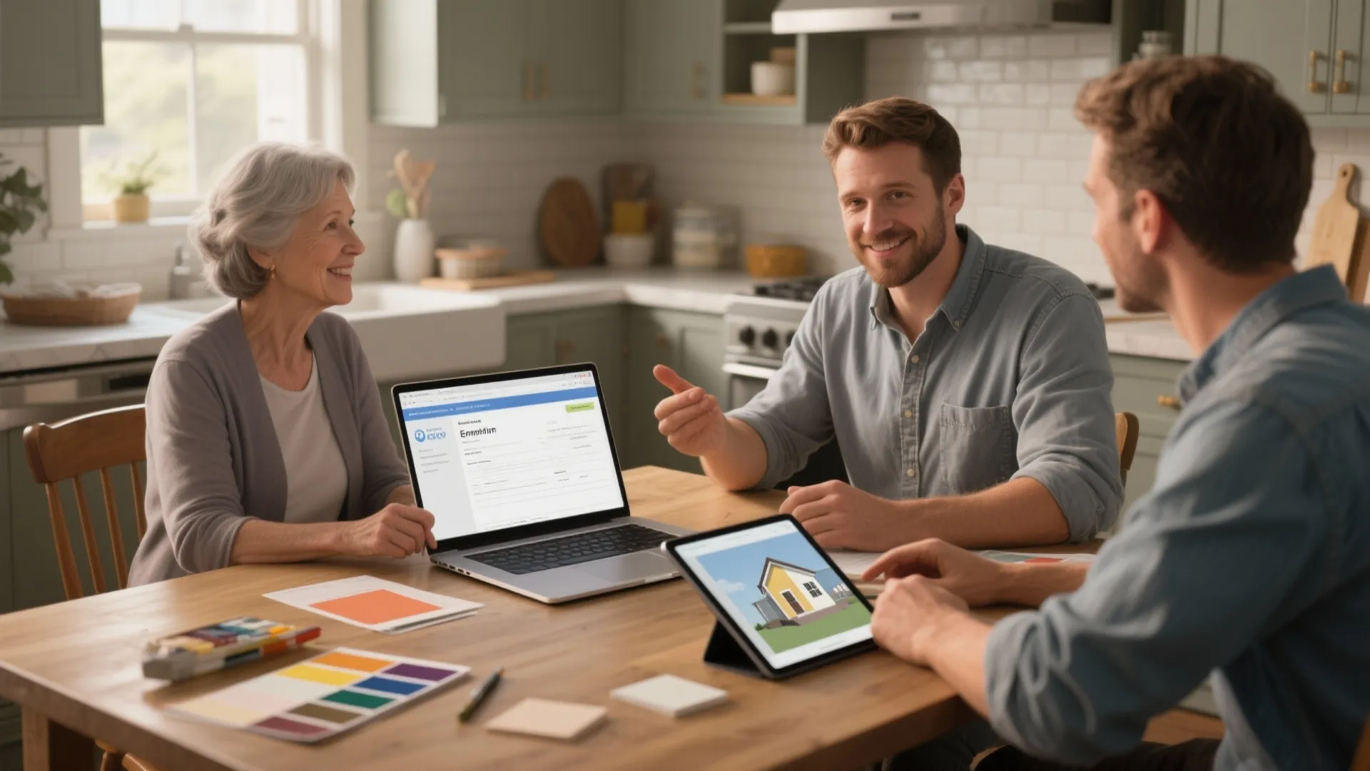 Painter and homeowner review an estimate and a 3D render mock-up at a kitchen table with paint swatches.