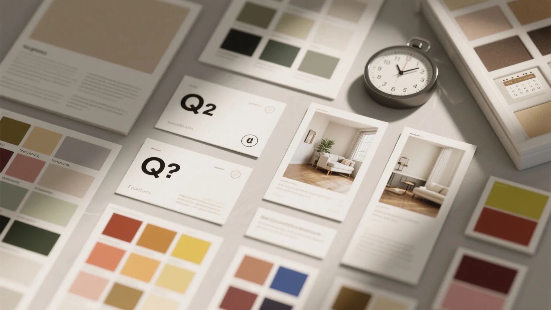 Flatlay of FAQ cards, paint swatches and a small render thumbnail illustrating common painting questions