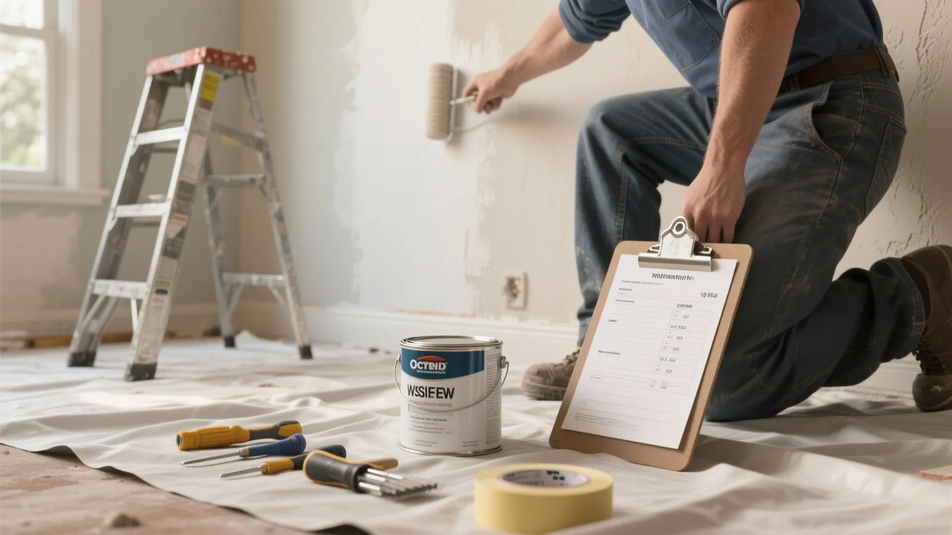 Man painting a room wall with a roller including paint can tools and a clipboard