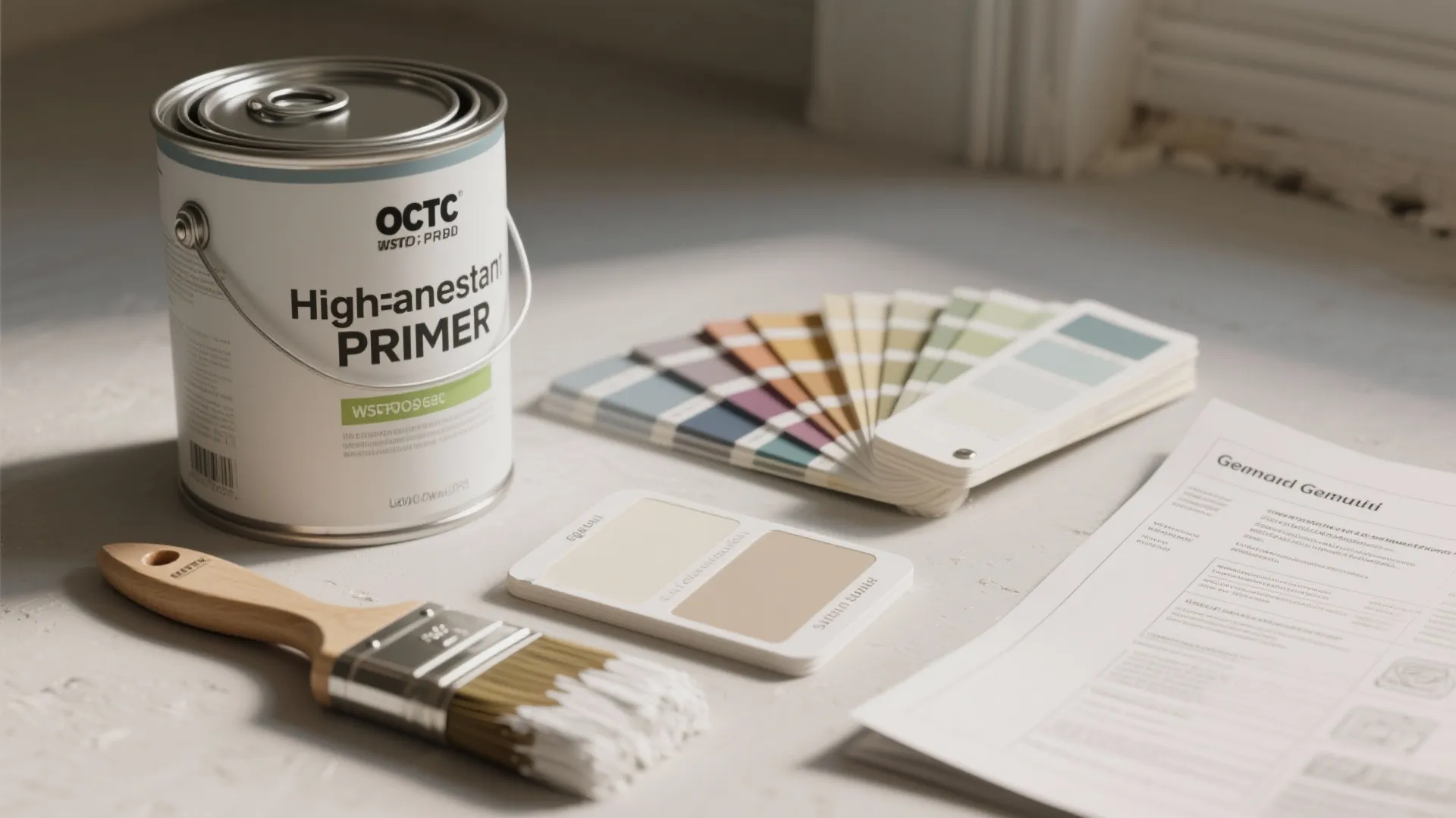 Metal paint bucket with a brush color palette cards and paper on a bright floor