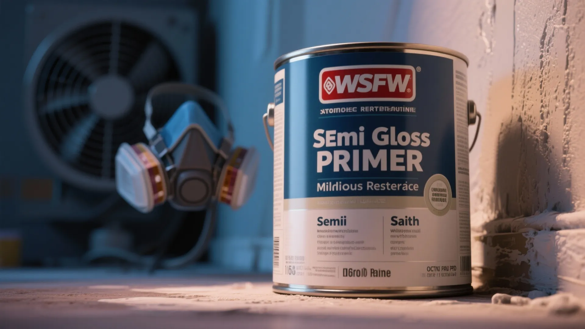 Can of semi gloss primer paint next to a safety face mask on the floor