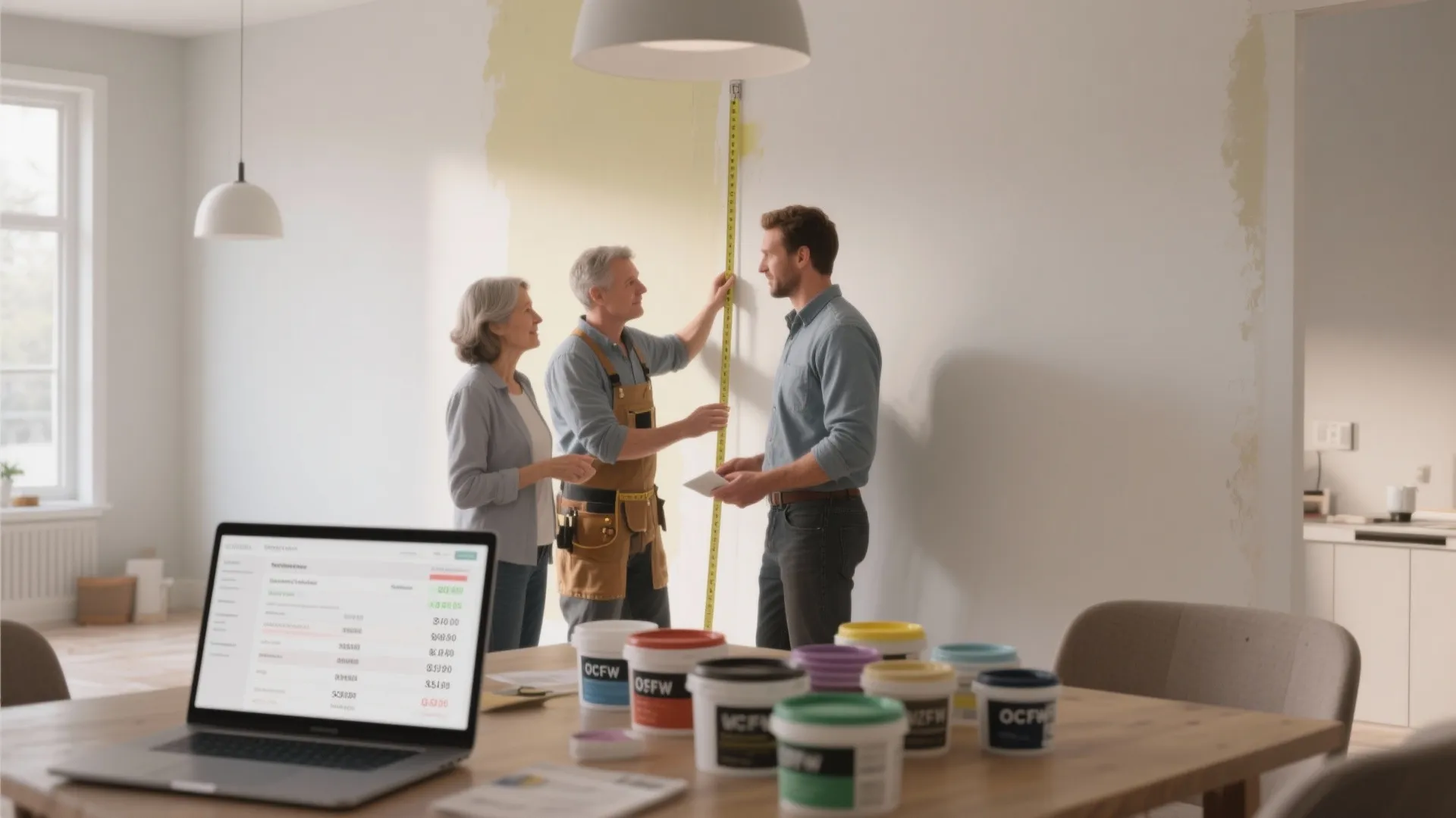 Painter measures wall with tape as owners watch near table with laptop and paint cans