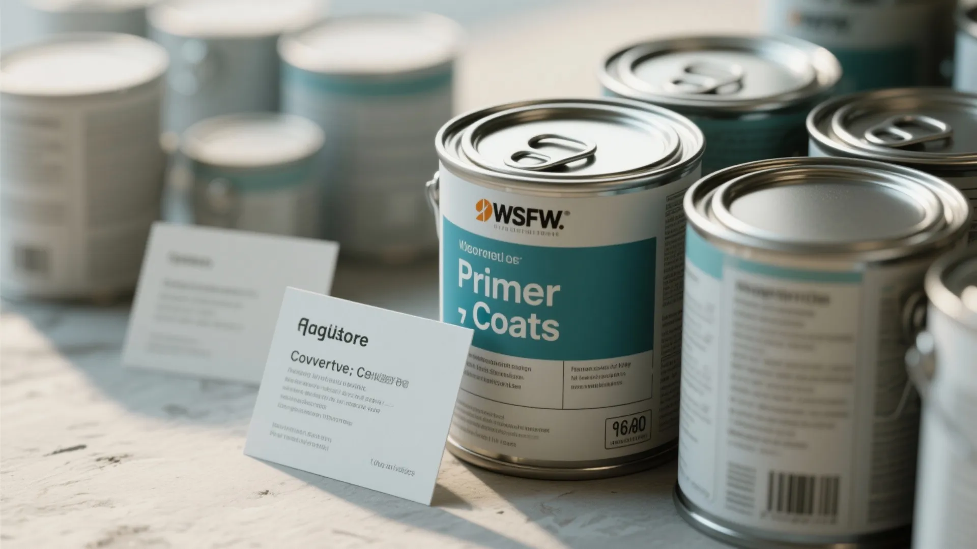 Macro view of labeled paint cans with small printed FAQ cards about coverage, primer and coats.