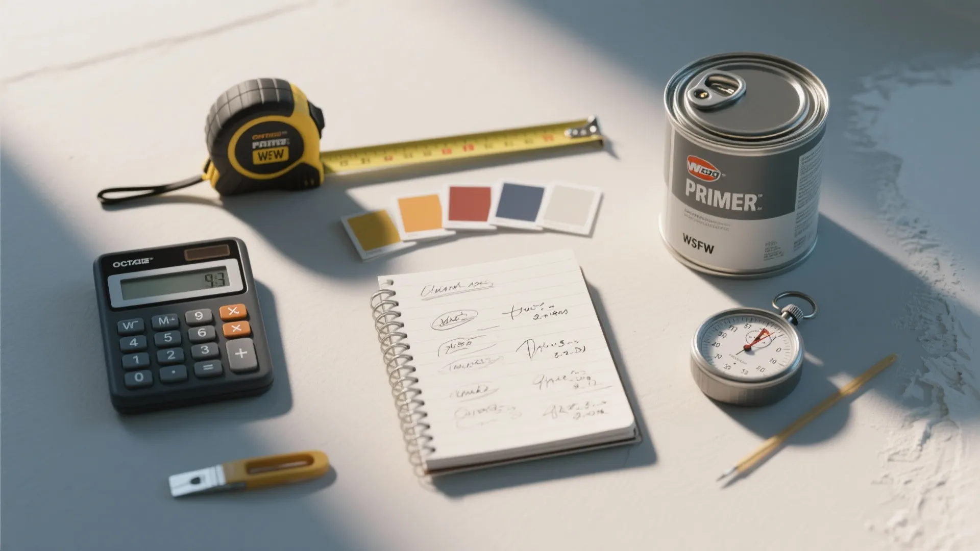 Painting supplies including primer can tape measure calculator notepad and color swatches on a table